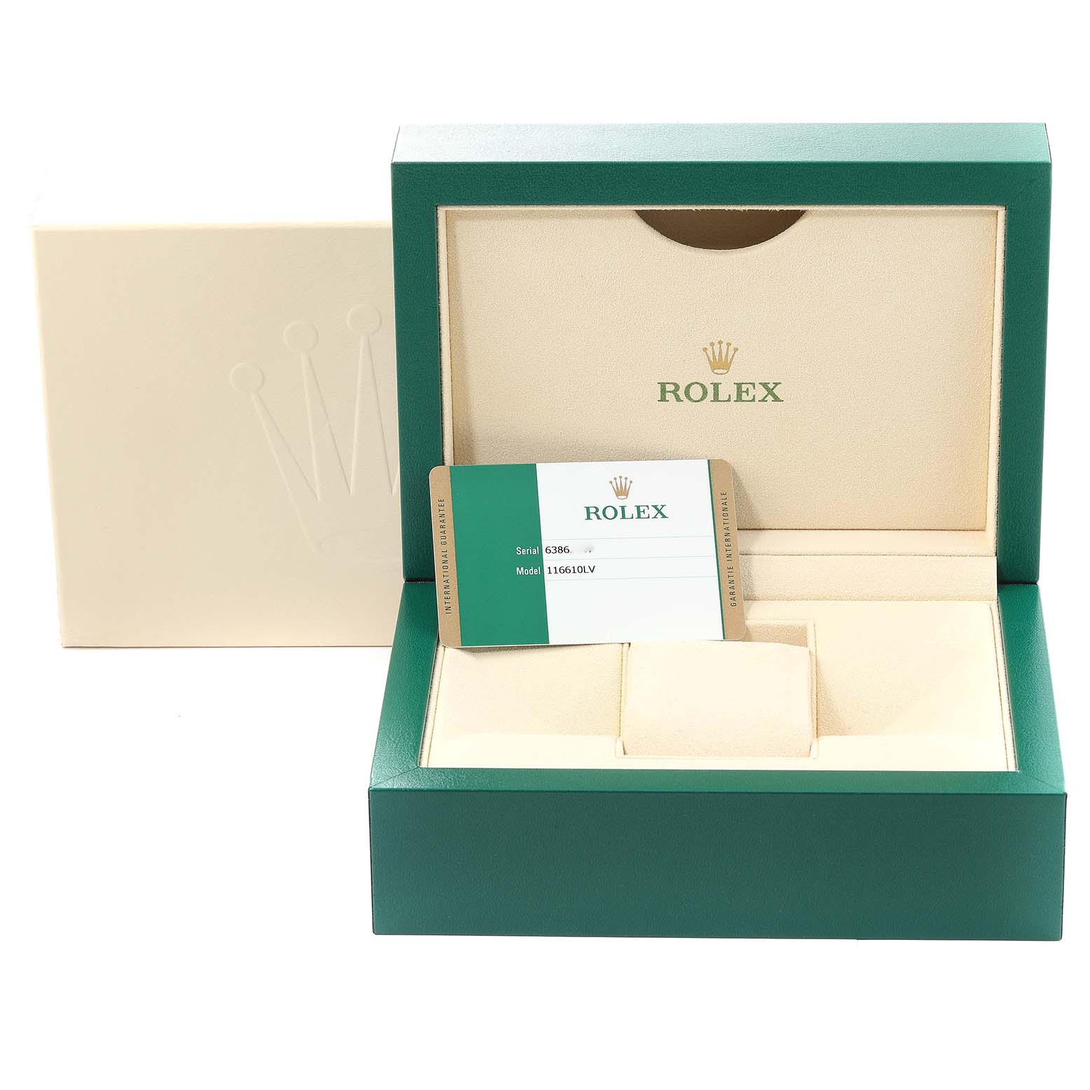 The image shows an opened green and cream-colored Rolex Submariner 116610LV Men's Stainless Steel Green Dial 116610LV Men's Stainless Steel Green Dial watch box and its warranty card.