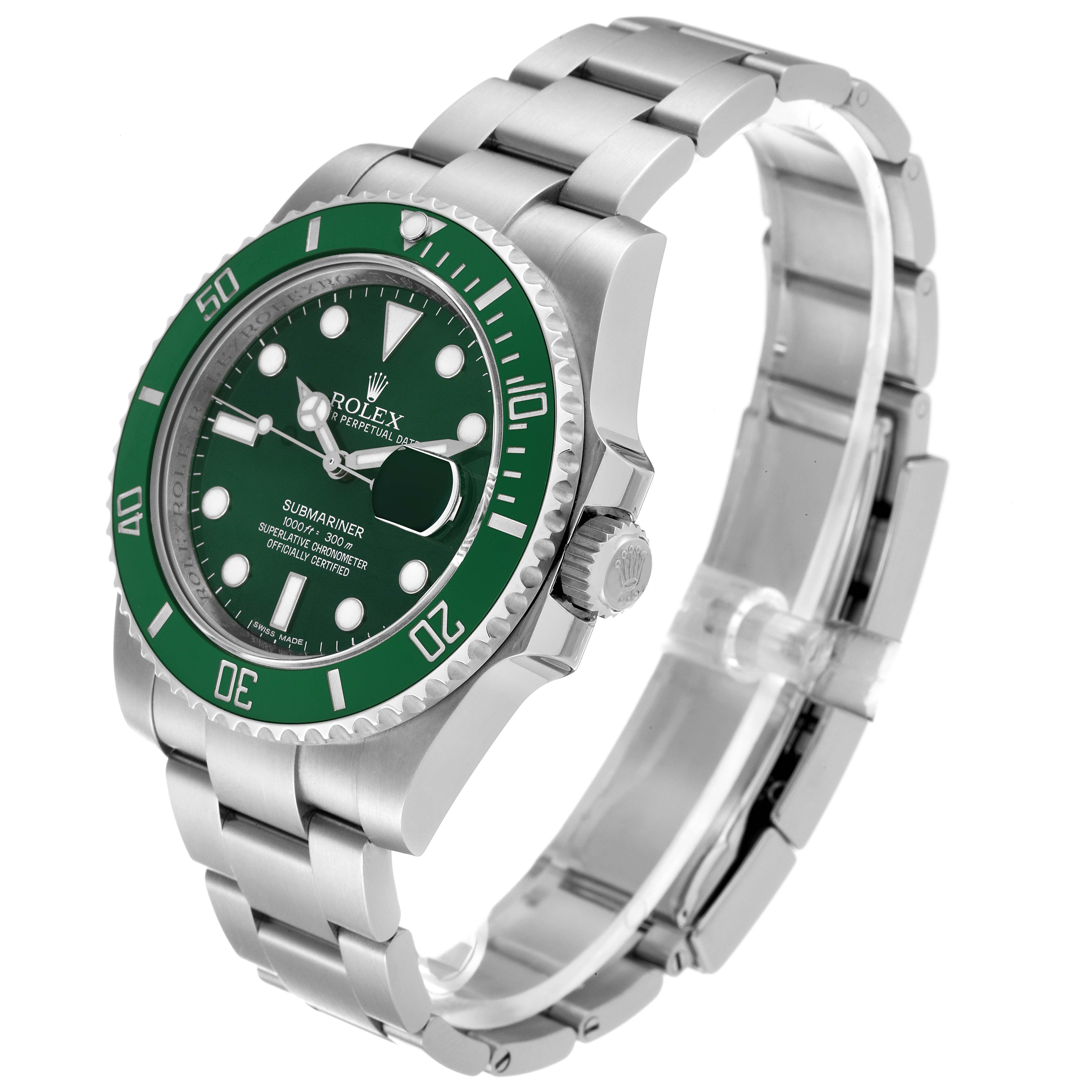 An angled view of a Rolex Submariner 116610LV Men's Stainless Steel Green Dial 116610LV Men's Stainless Steel Green Dial showing its face, bezel, crown, and bracelet.