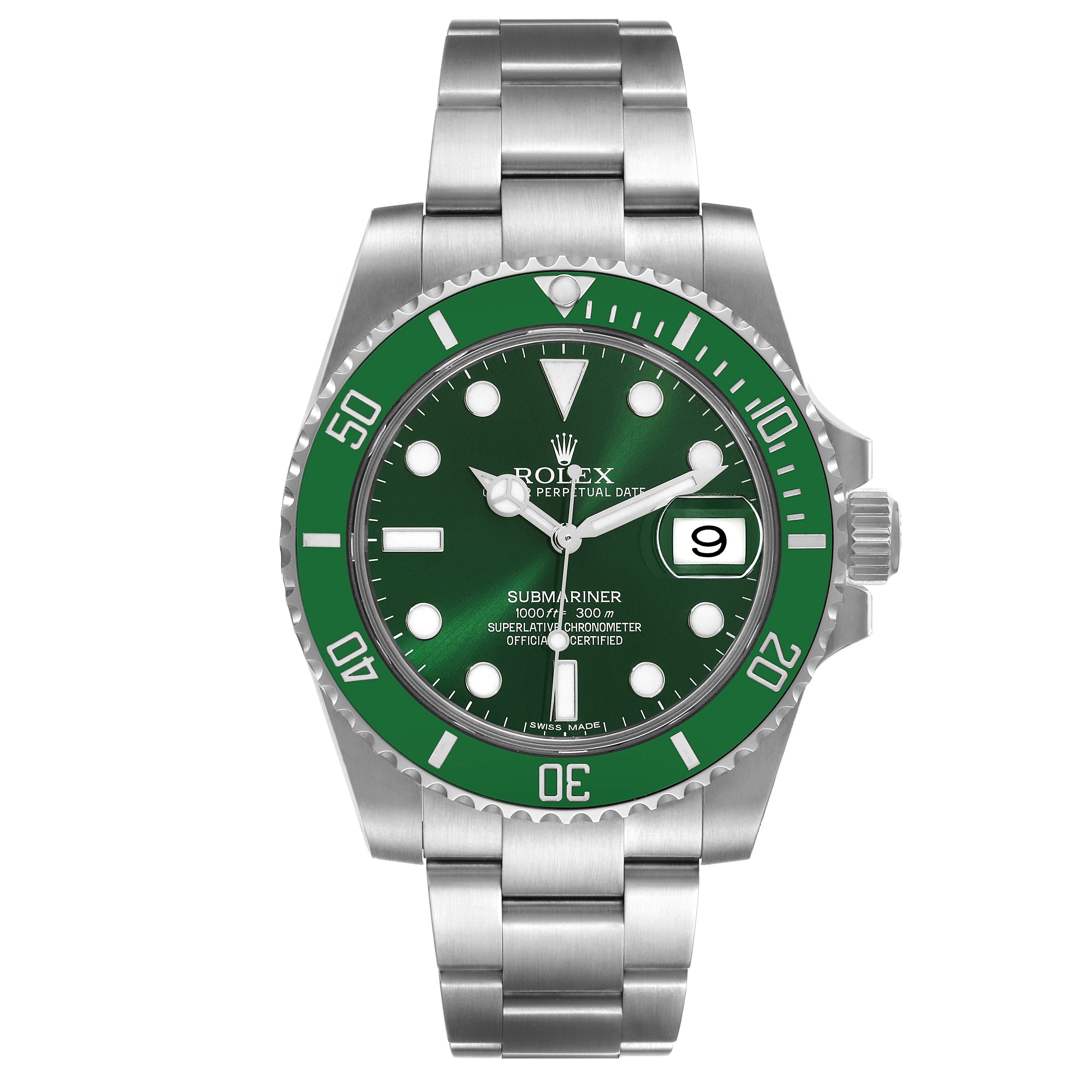 The image shows a front view of a Rolex Submariner 116610LV Men's Stainless Steel Green Dial 116610LV Men's Stainless Steel Green Dial watch with a green bezel and dial, stainless steel bracelet, and date display.