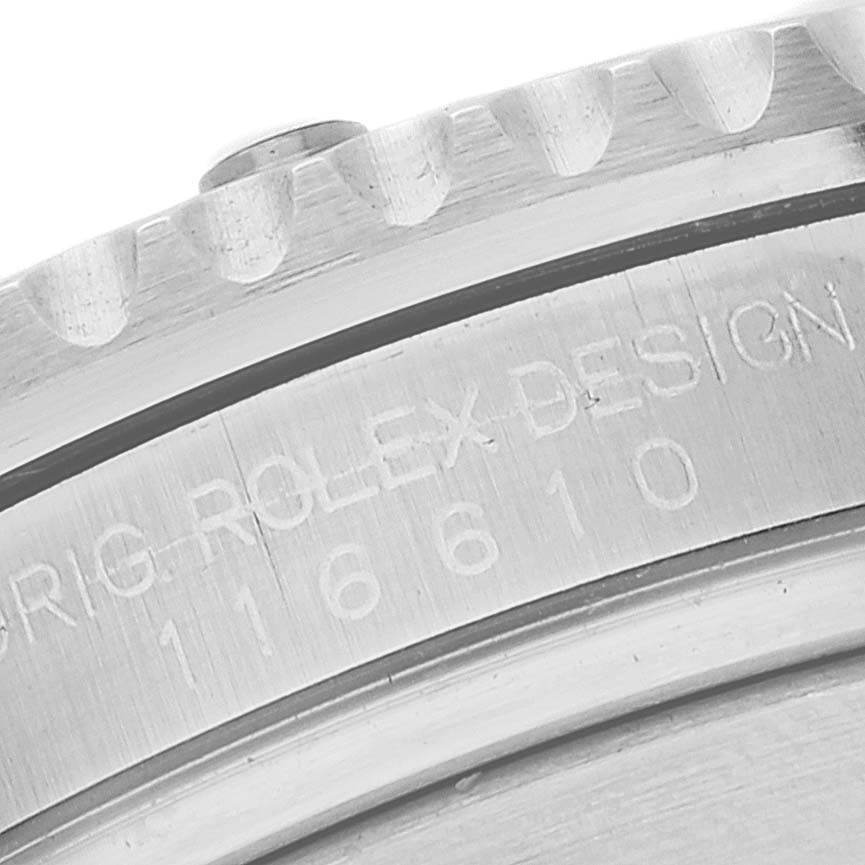 The image shows a close-up of the bezel edge and the engraved model number of a Rolex Submariner 116610LV Men's Stainless Steel Green Dial 116610LV Men's Stainless Steel Green Dial watch.