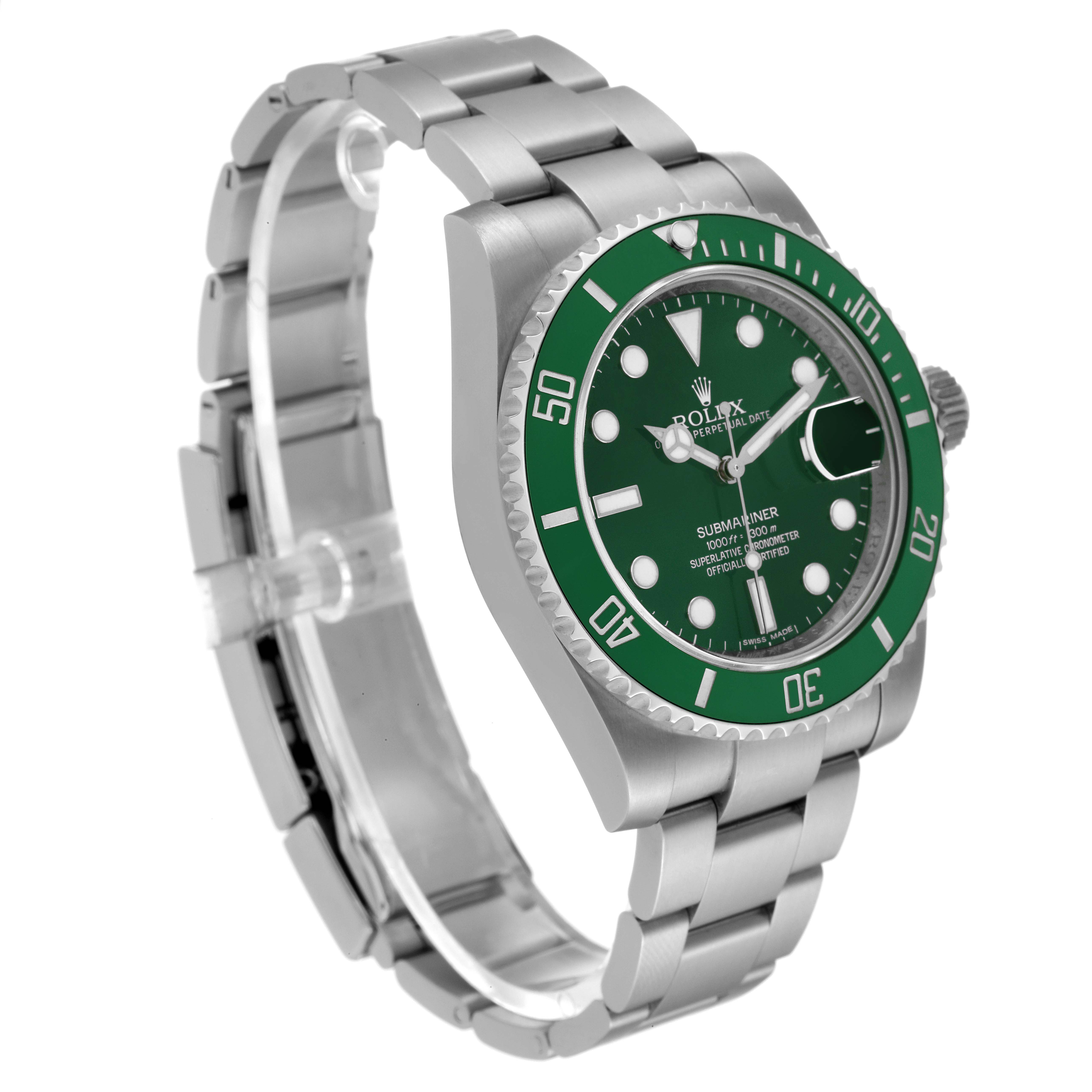 The Rolex Submariner 116610LV Men's Stainless Steel Green Dial 116610LV Men's Stainless Steel Green Dial watch is shown at an angle displaying its green dial, bezel, and stainless steel bracelet.