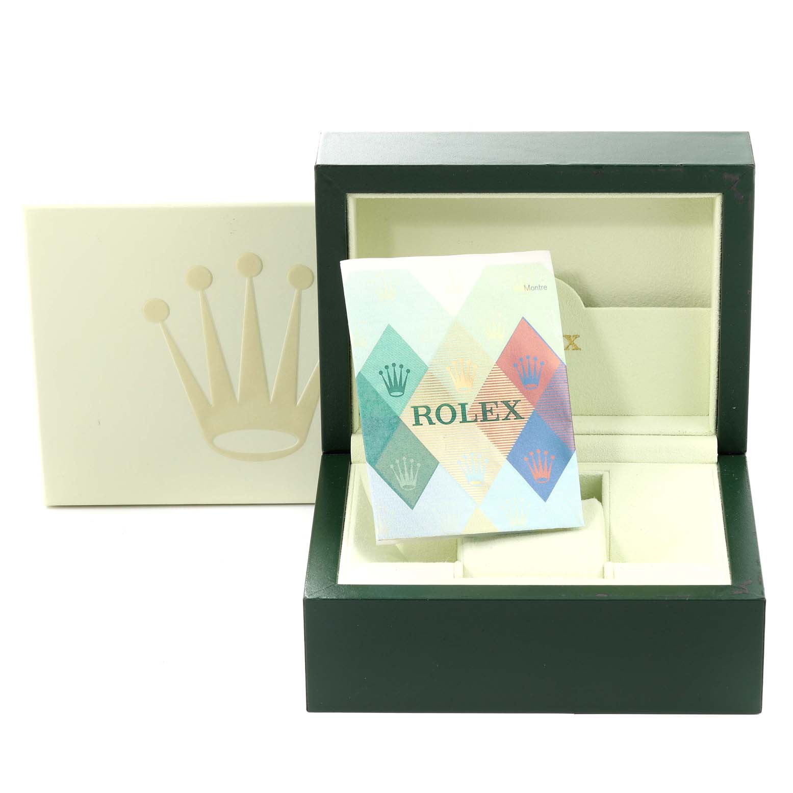 The image shows the box for a Rolex Submariner 14060M Men
s Stainless Steel Black Dial 14060M Men
s Stainless Steel Black Dial watch, along with its papers and booklet.