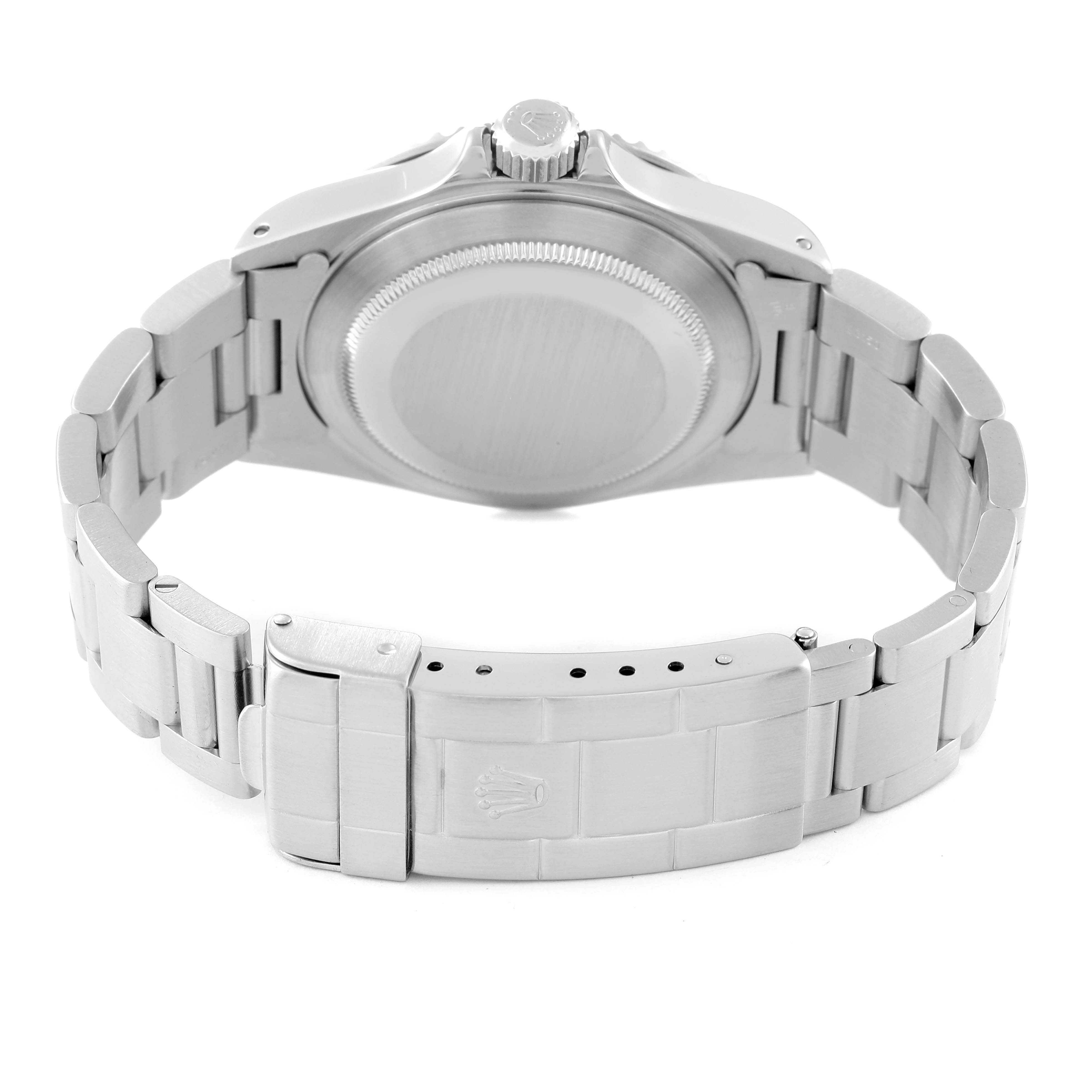 This image shows the back case and bracelet clasp of a Rolex Submariner 14060M Men
s Stainless Steel Black Dial 14060M Men
s Stainless Steel Black Dial watch from a rear angle.