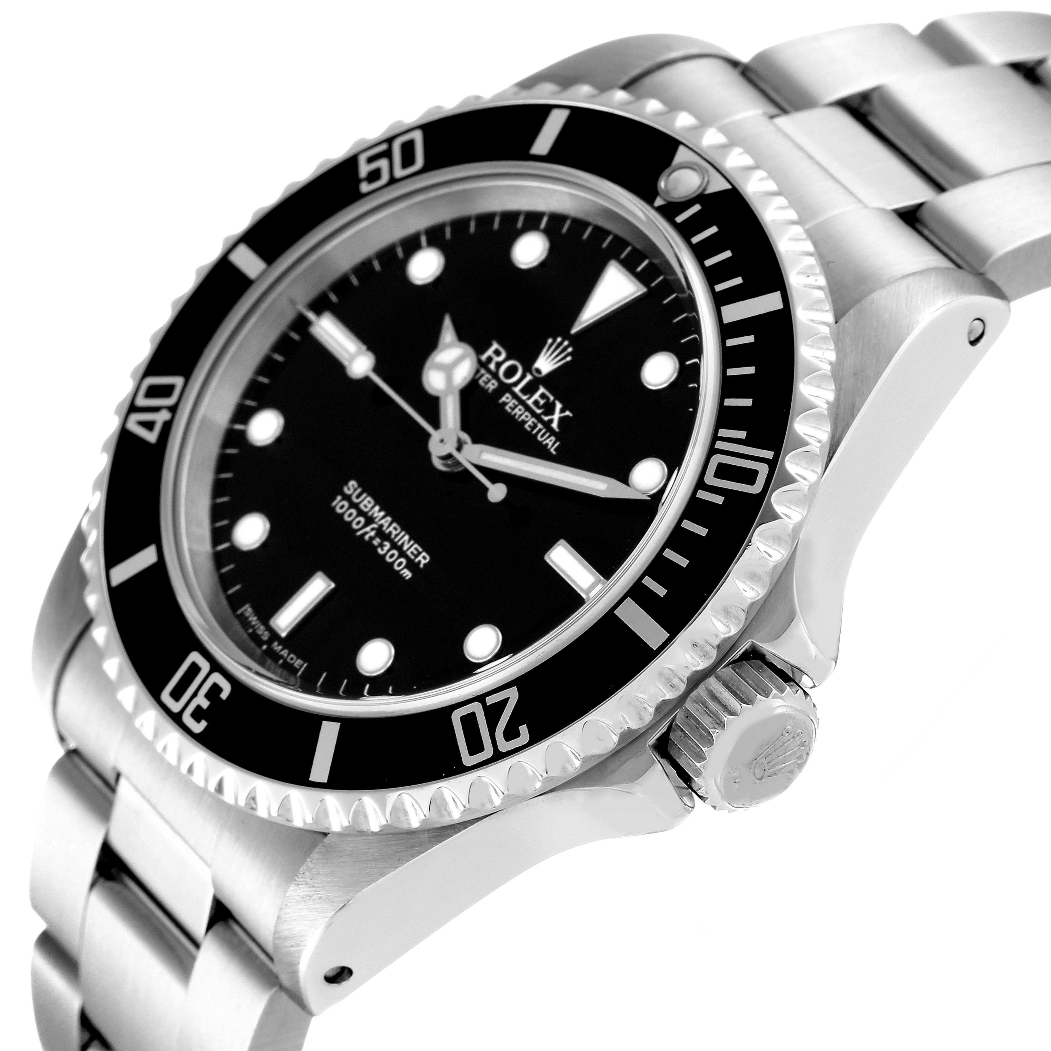 The image shows a side-angle view of a Rolex Submariner 14060M Men
s Stainless Steel Black Dial 14060M Men
s Stainless Steel Black Dial watch, highlighting the dial, bezel, and crown.