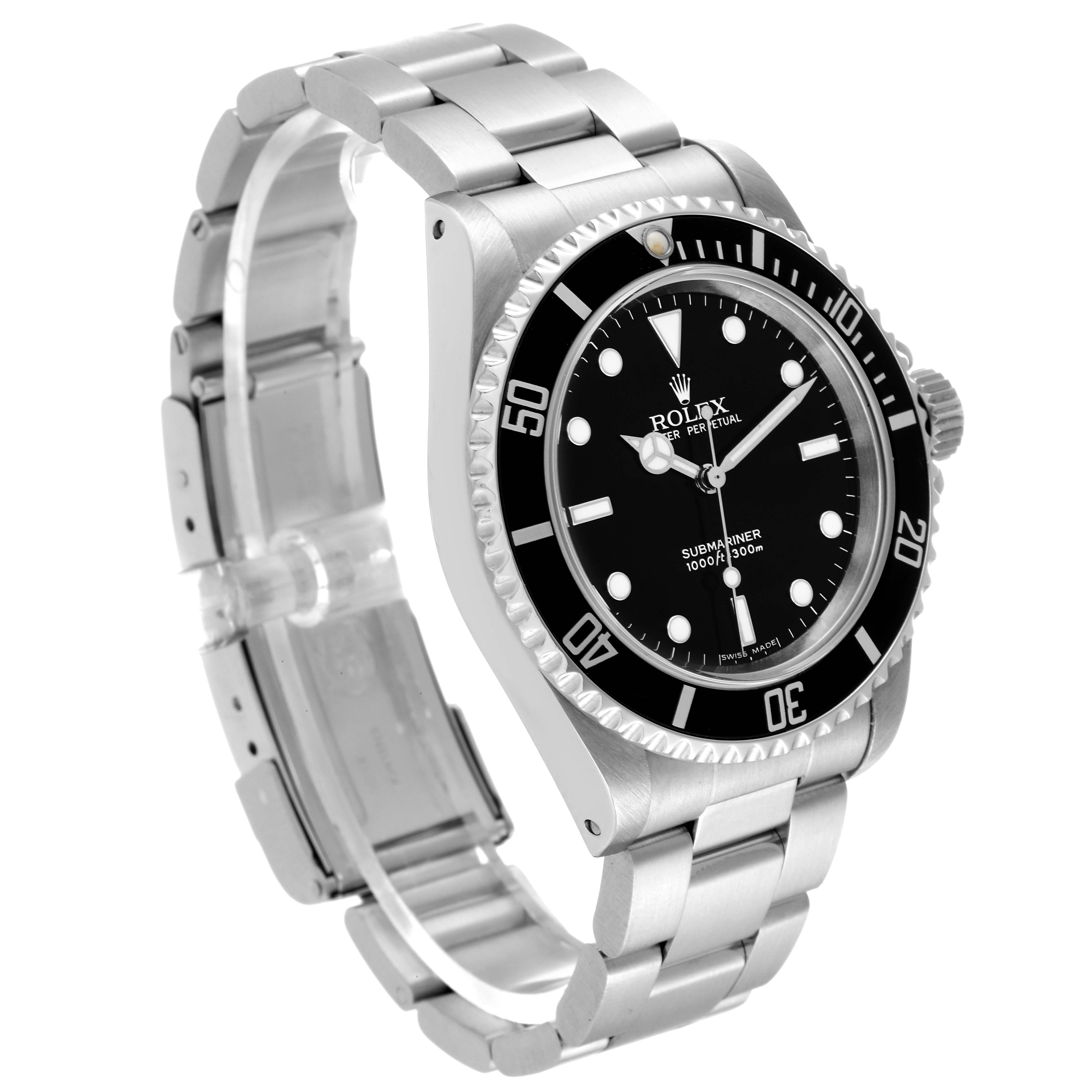 The Rolex Submariner 14060M Men
s Stainless Steel Black Dial 14060M Men
s Stainless Steel Black Dial watch is shown at a three-quarter angle, highlighting its bracelet, bezel, and dial.