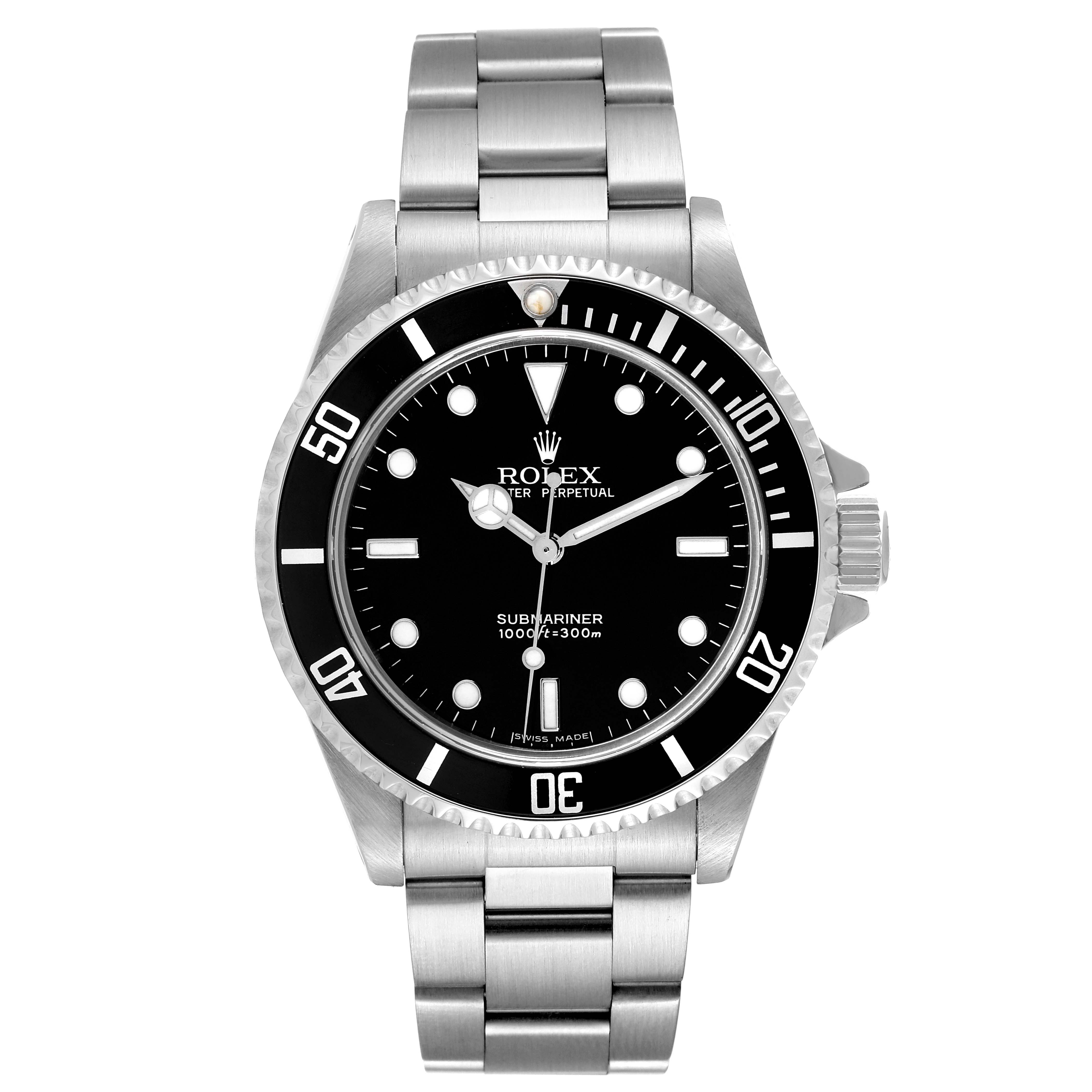 The Rolex Submariner 14060M Men
s Stainless Steel Black Dial 14060M Men
s Stainless Steel Black Dial watch is shown from the front, displaying its dial, bezel, hands, and stainless steel bracelet.