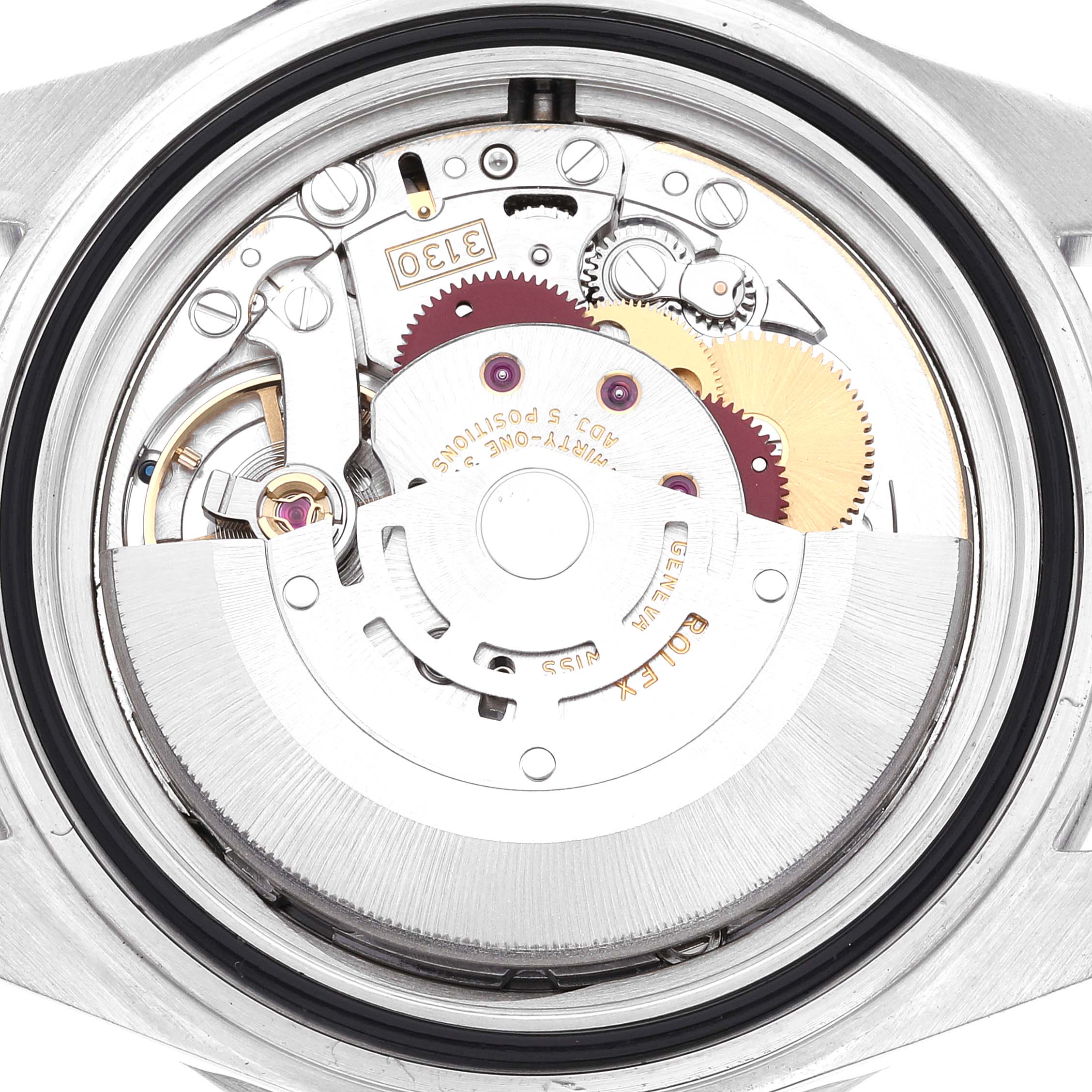 This image shows the internal mechanism or movement of the Rolex Submariner 14060M Men
s Stainless Steel Black Dial 14060M Men
s Stainless Steel Black Dial watch taken from the back.