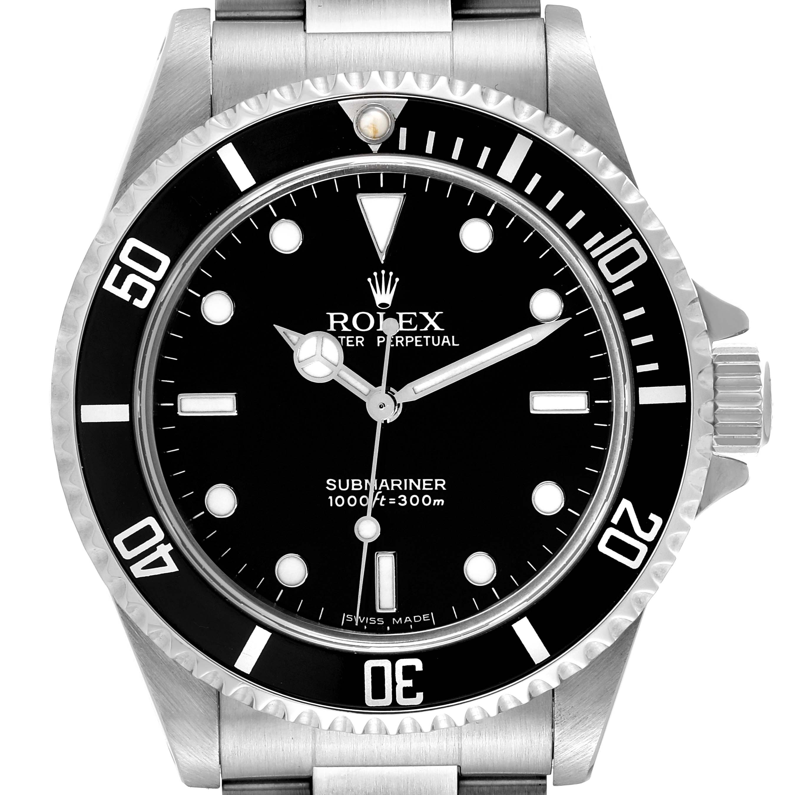 The image shows a front view of a Rolex Submariner 14060M Men
s Stainless Steel Black Dial 14060M Men
s Stainless Steel Black Dial watch, highlighting the dial, bezel, crown, and part of the bracelet.