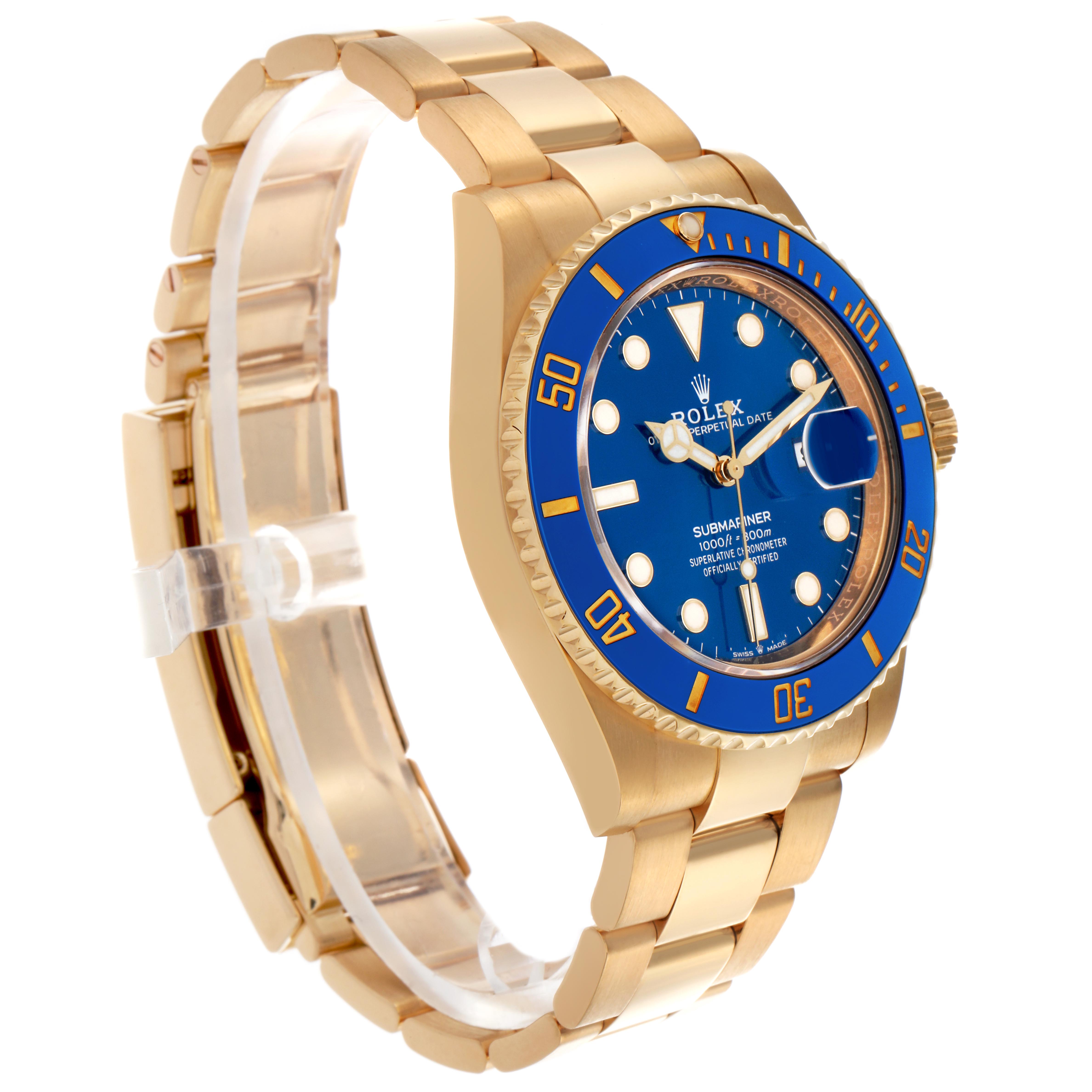 The Rolex Submariner 126618LB Men's Yellow Gold Blue Dial 126618LB Men's Yellow Gold Blue Dial watch is shown at a three-quarter angle, displaying its blue bezel, dial, and gold bracelet.