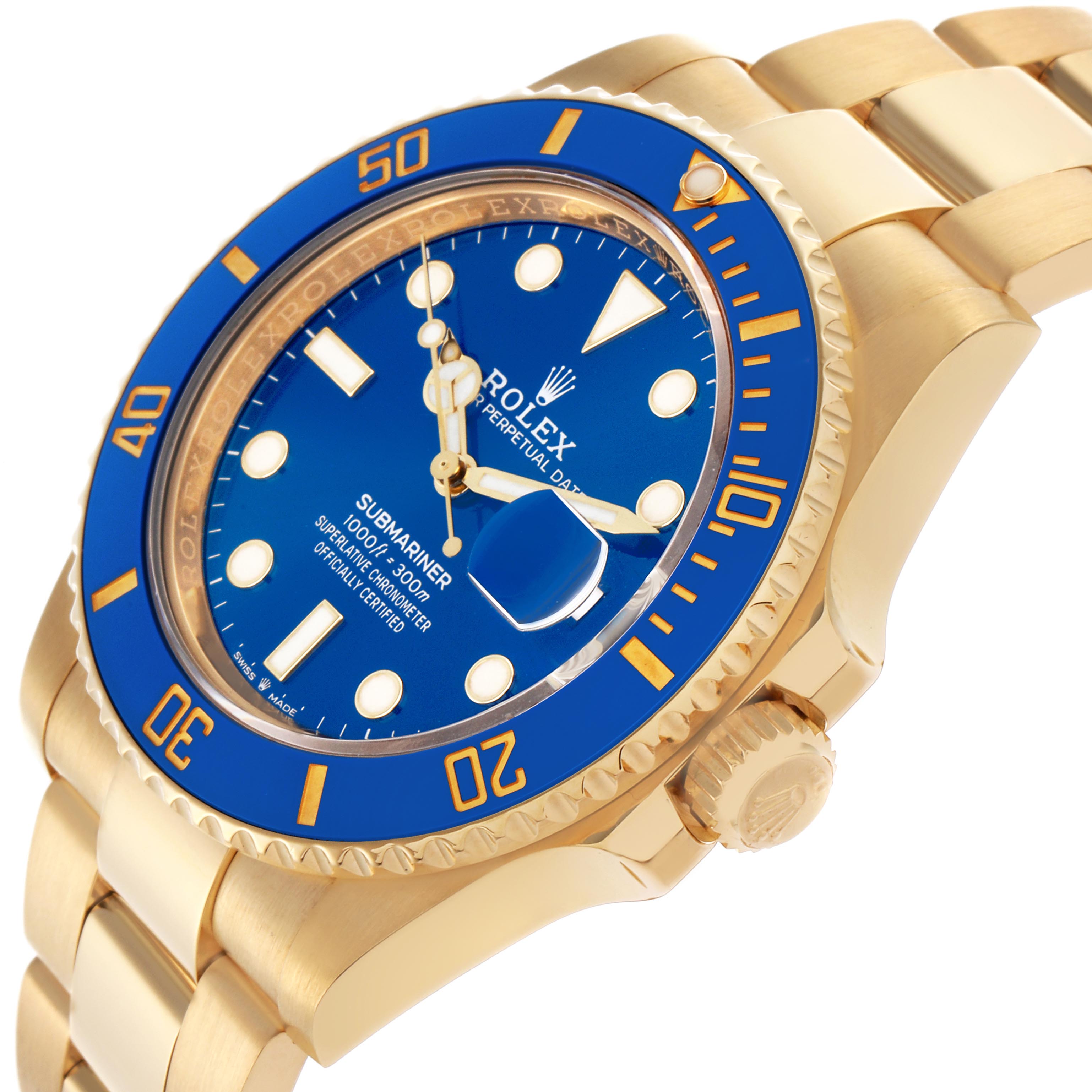 The Rolex Submariner 126618LB Men's Yellow Gold Blue Dial 126618LB Men's Yellow Gold Blue Dial watch is shown at a slight angle, highlighting the blue bezel, dial, and gold bracelet.
