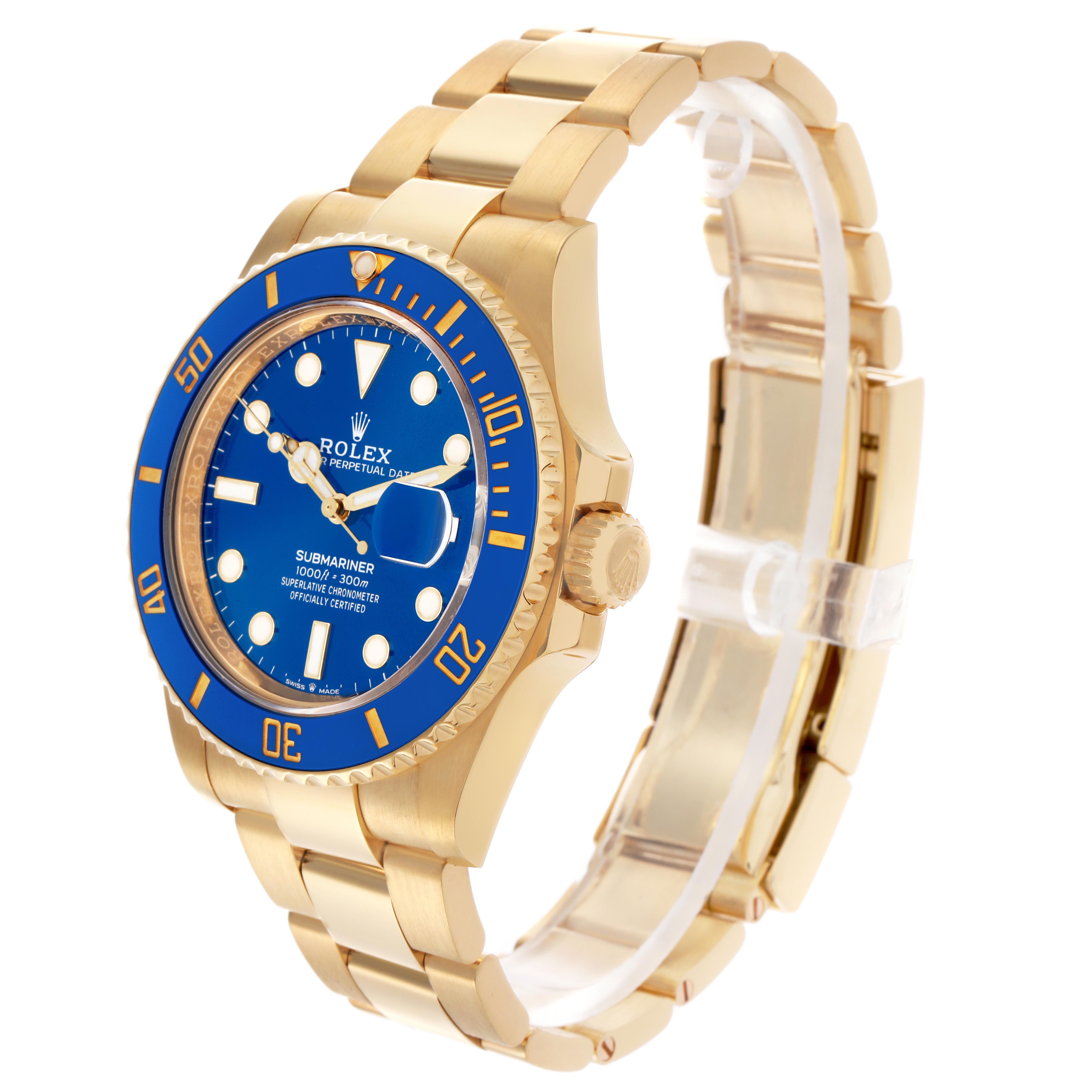The Rolex Submariner 126618LB Men's Yellow Gold Blue Dial 126618LB Men's Yellow Gold Blue Dial is shown at a three-quarter angle, highlighting the blue dial, bezel, and gold bracelet.