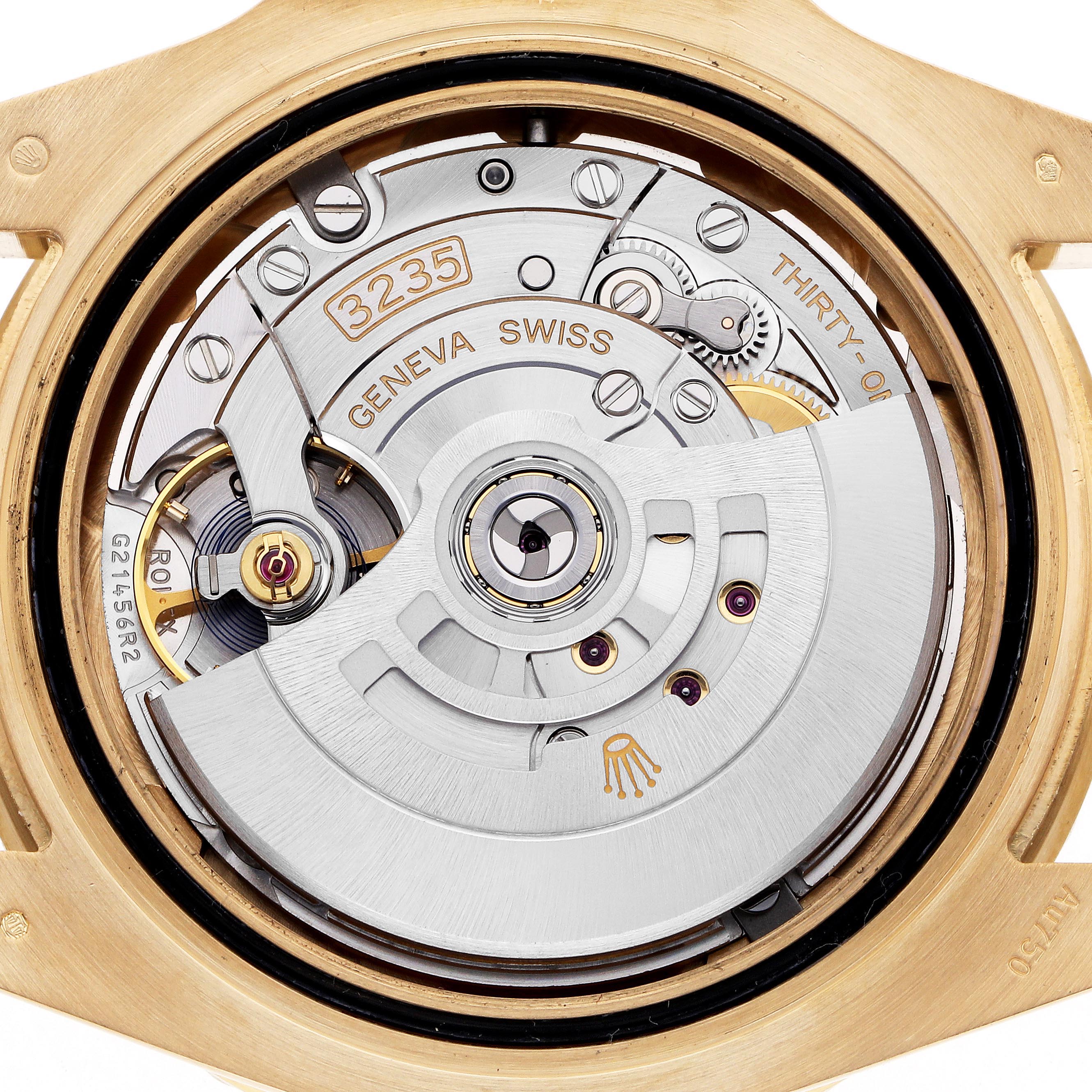 The image shows a close-up of the Rolex Submariner 126618LB Men's Yellow Gold Blue Dial 126618LB Men's Yellow Gold Blue Dial's movement, focusing on the intricate inner mechanism.