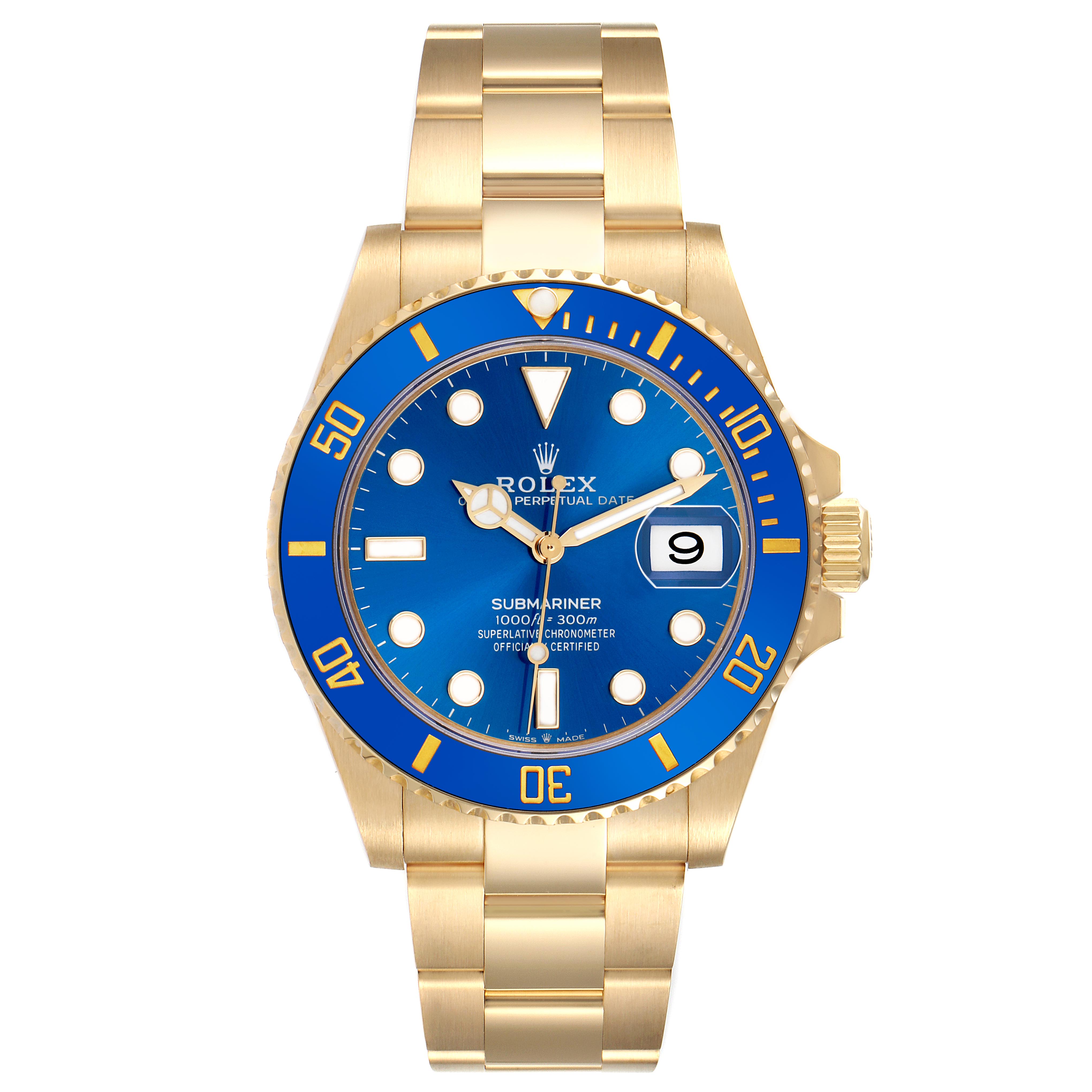 The Rolex Submariner 126618LB Men's Yellow Gold Blue Dial 126618LB Men's Yellow Gold Blue Dial watch is shown front-facing, displaying its gold bracelet, blue dial, and ceramic bezel.