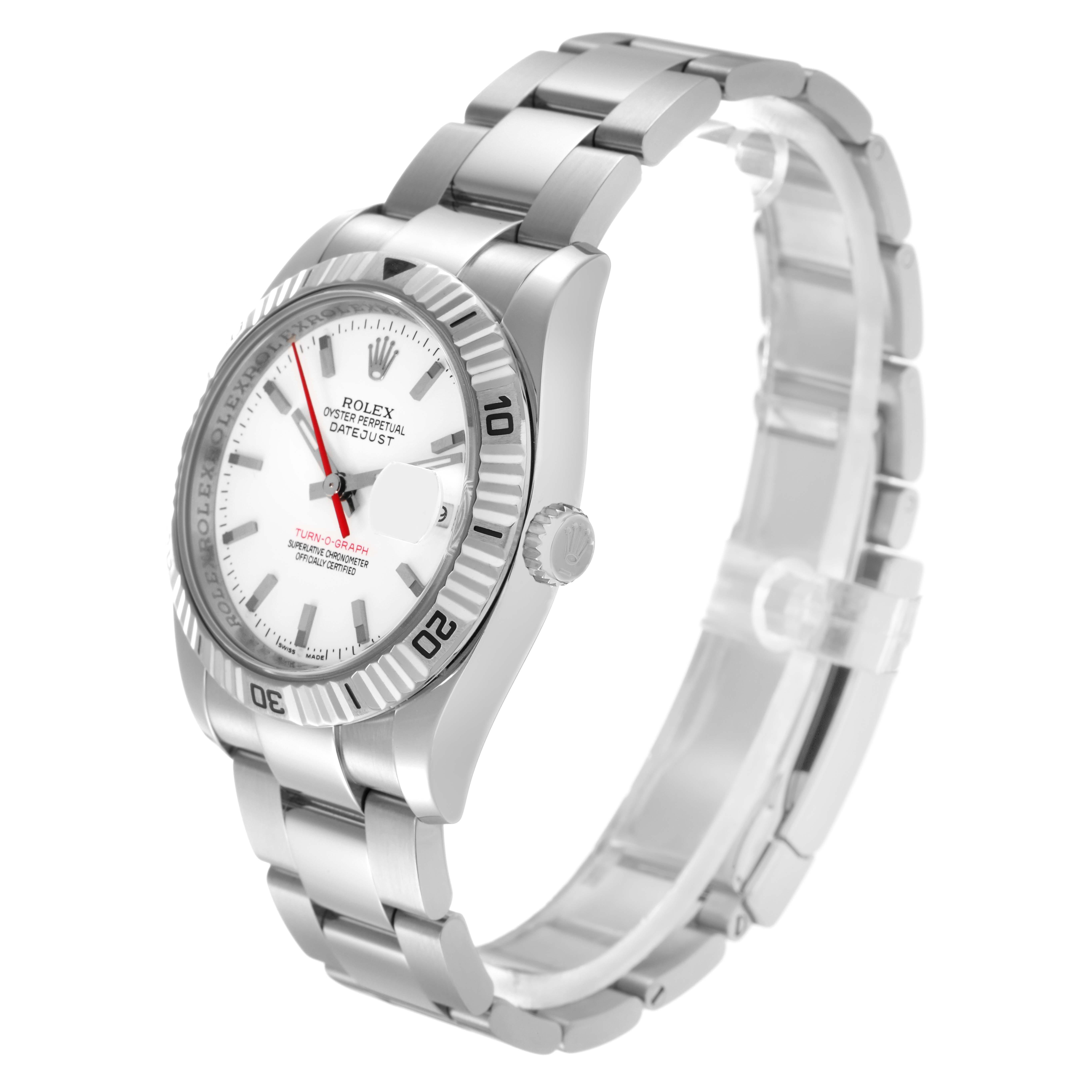 The Rolex Turn-o-Graph 116264 Men's Stainless Steel White Dial watch is shown at a three-quarter angle, displaying the face, bezel, bracelet, and crown.