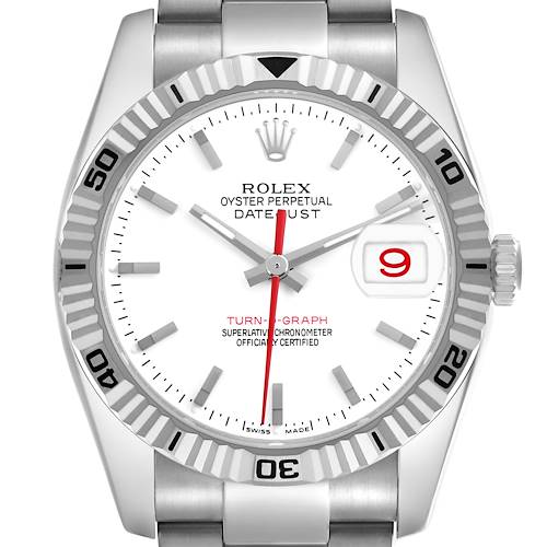 The Rolex Turn-o-Graph 116264 Men's Stainless Steel White Dial watch is shown from a frontal angle, highlighting the bezel, dial, and bracelet sections.