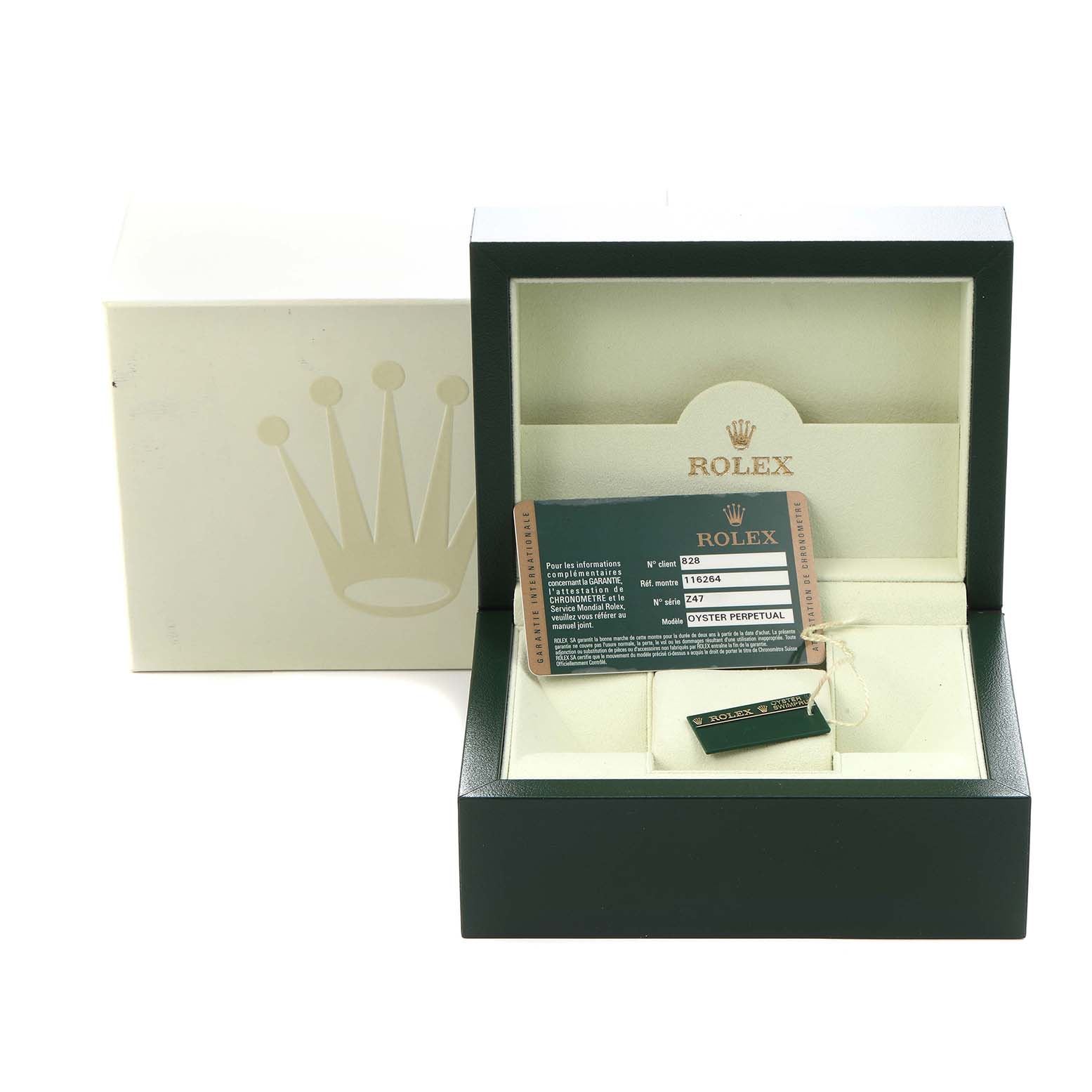 The image shows the packaging of a Rolex Turn-o-Graph 116264 Men's Stainless Steel White Dial, including the box and warranty card.