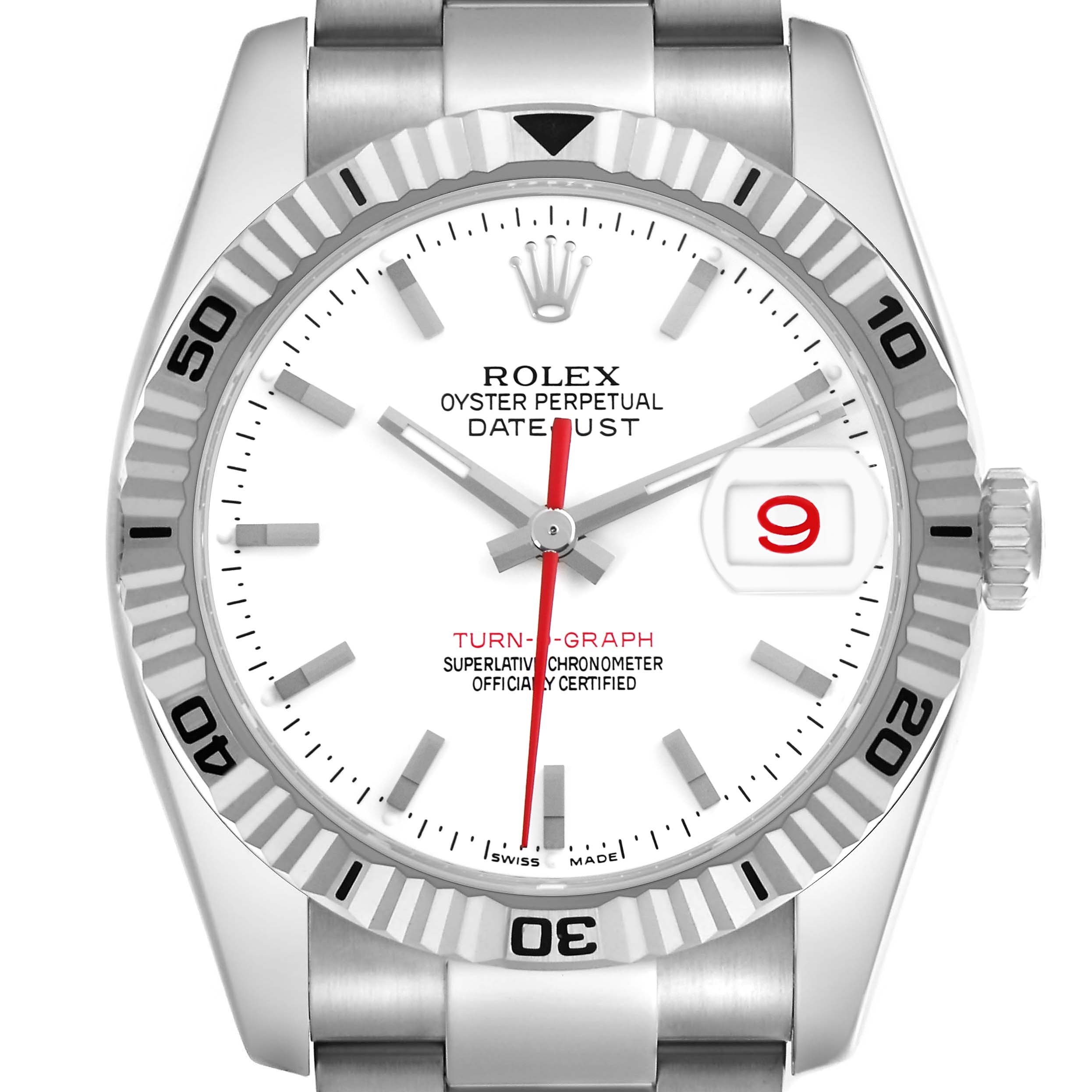 The image shows a frontal view of a Rolex Turn-o-Graph 116264 Men's Stainless Steel White Dial watch, highlighting the bezel, dial, hands, and date feature.