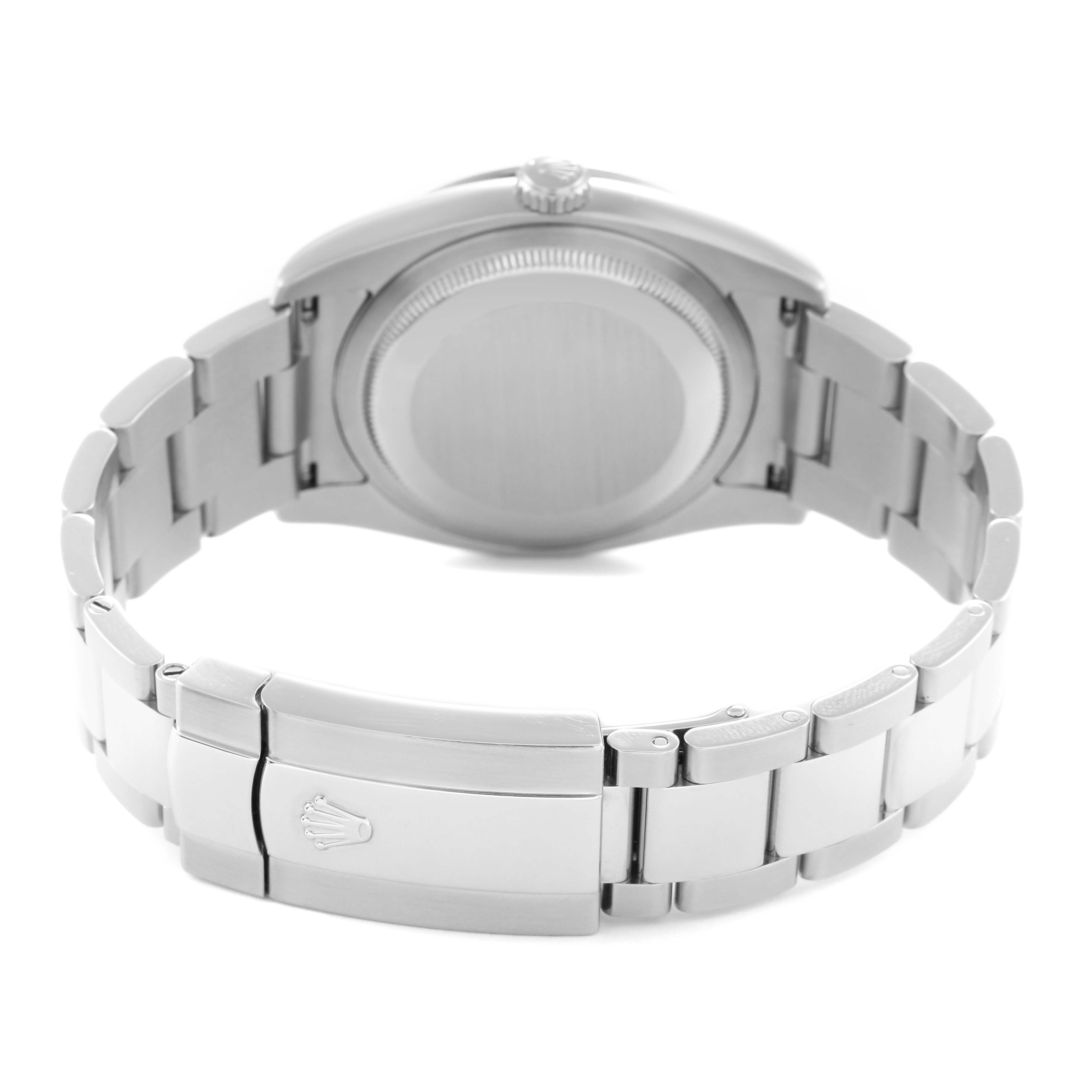 The image shows the back view of a Rolex Turn-o-Graph 116264 Men's Stainless Steel White Dial watch, highlighting the case and bracelet clasp.