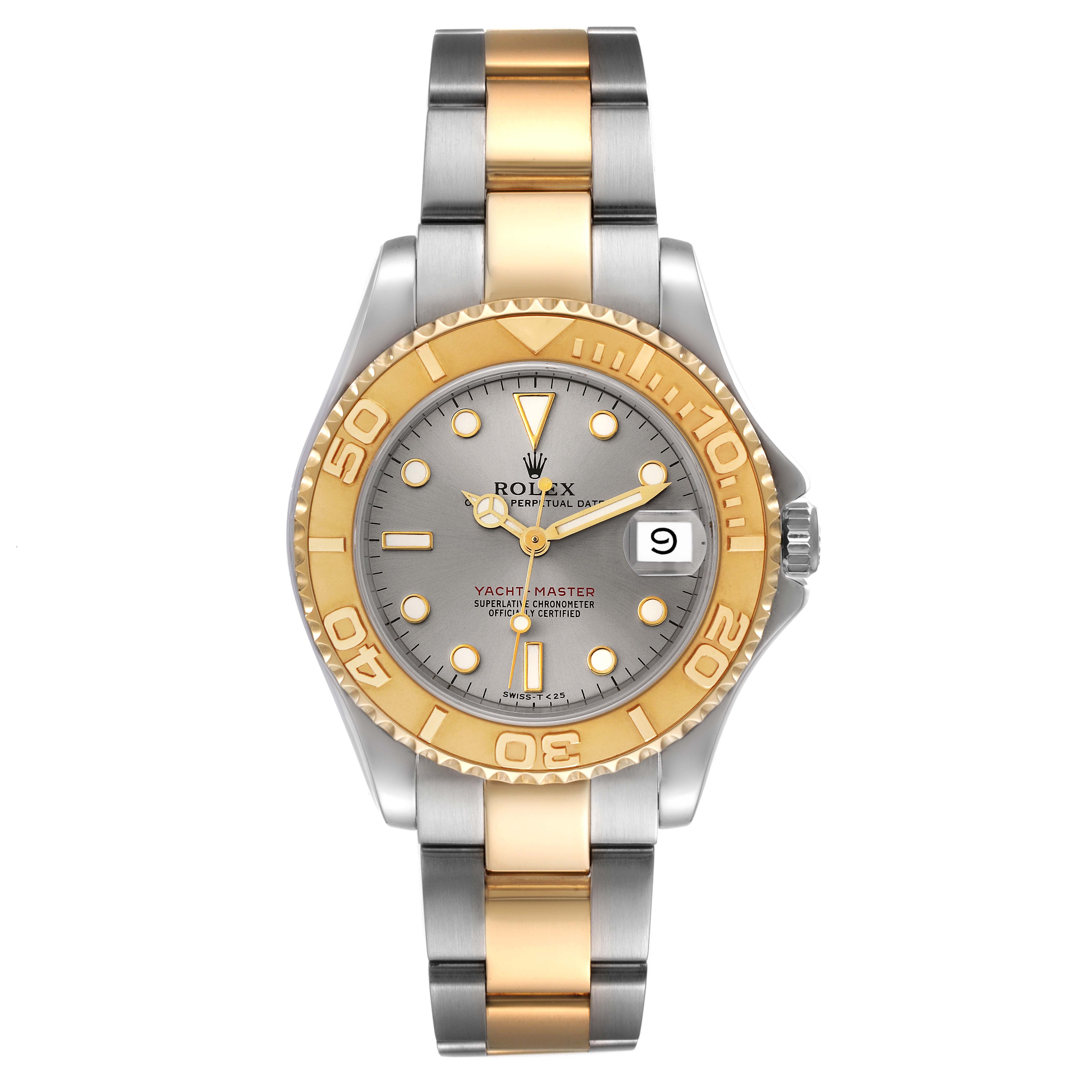 This image shows a Rolex Yacht-Master 68623 Men
s Steel and Gold (two tone) Grey Dial 68623 Men
s Steel and Gold (two tone) Grey Dial watch, featuring the dial, bezel, and band, viewed from the front.