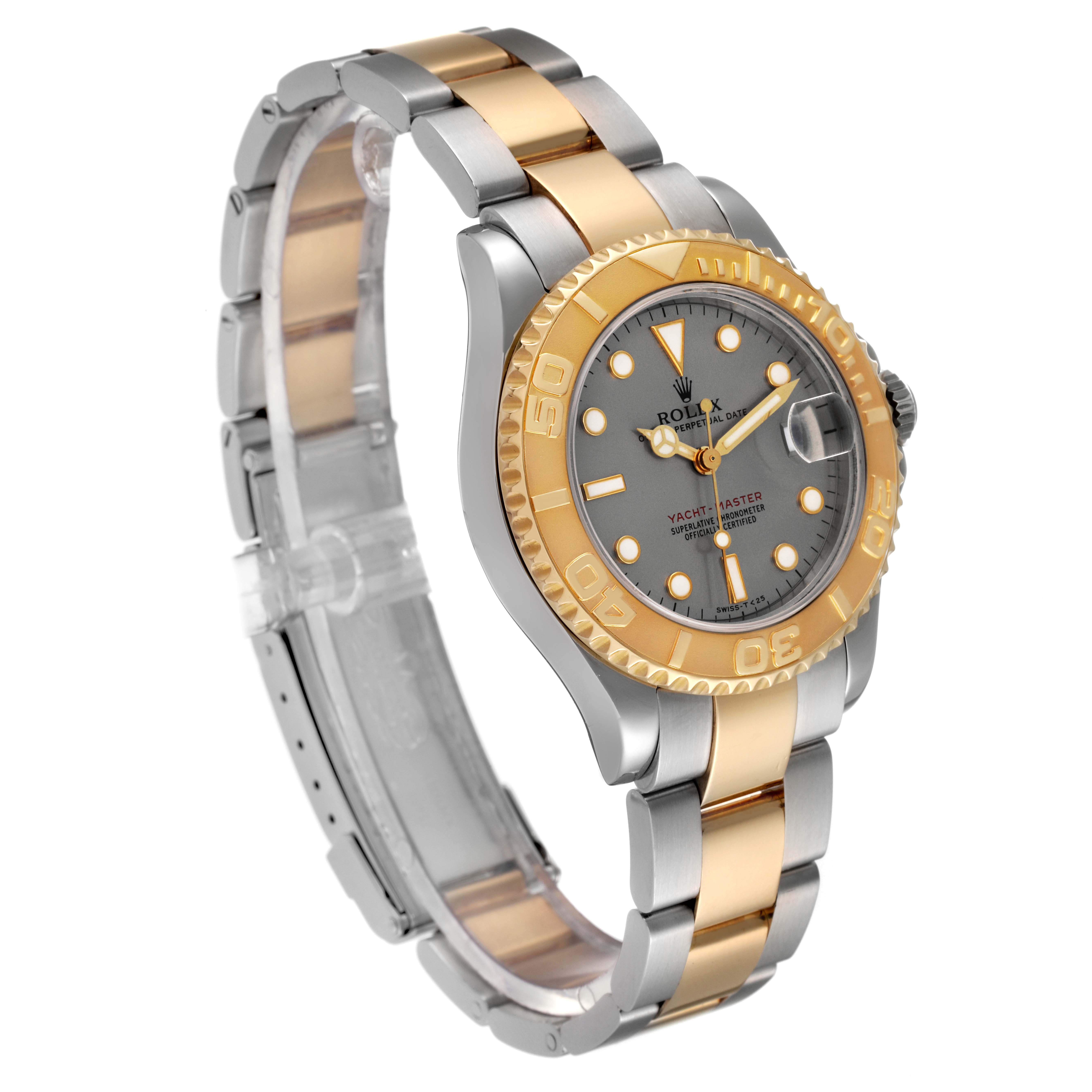 The Rolex Yacht-Master 68623 Men
s Steel and Gold (two tone) Grey Dial 68623 Men
s Steel and Gold (two tone) Grey Dial watch is shown at a slight angle, highlighting its bezel, face, and two-tone strap.