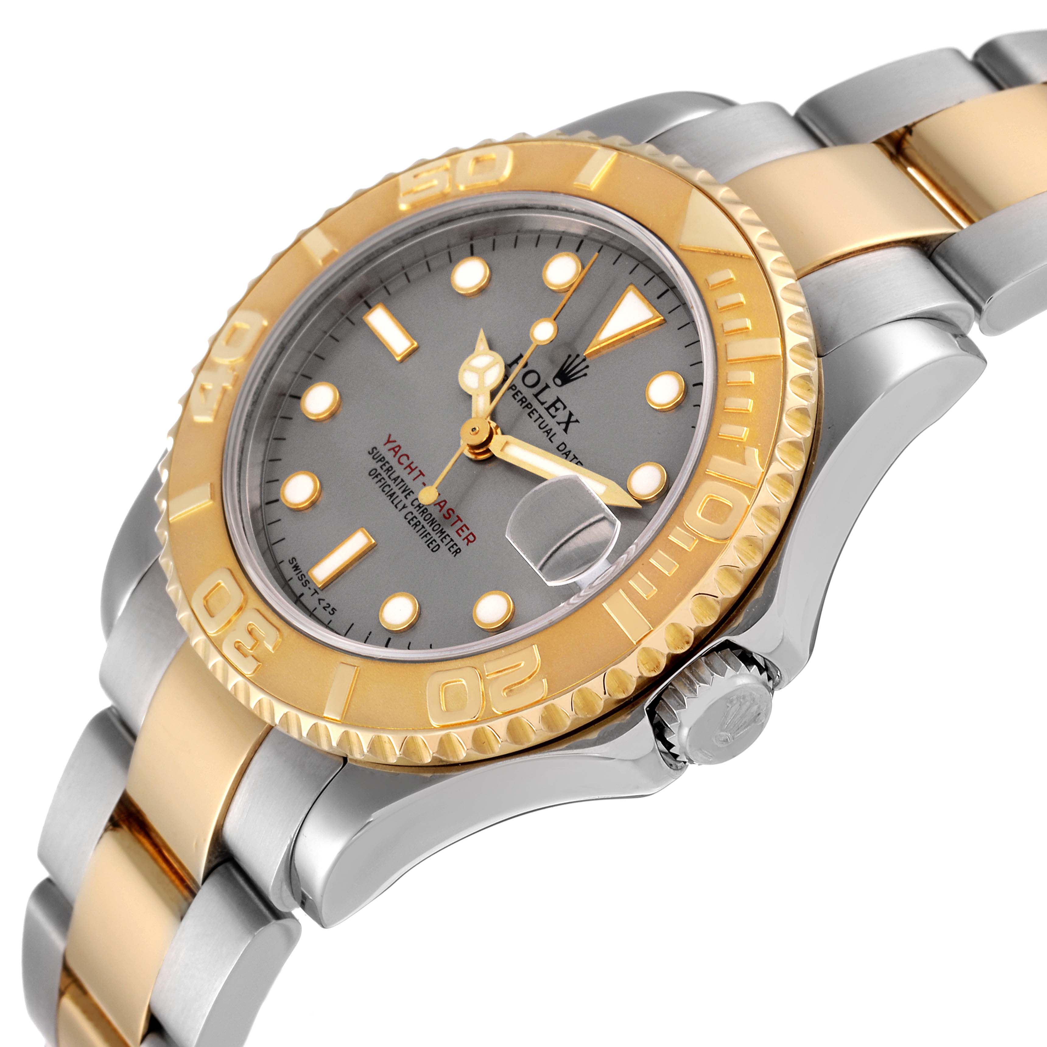 The image shows the Rolex Yacht-Master 68623 Men
s Steel and Gold (two tone) Grey Dial 68623 Men
s Steel and Gold (two tone) Grey Dial watch at a slight angle highlighting its face, bezel, crown, and bracelet.