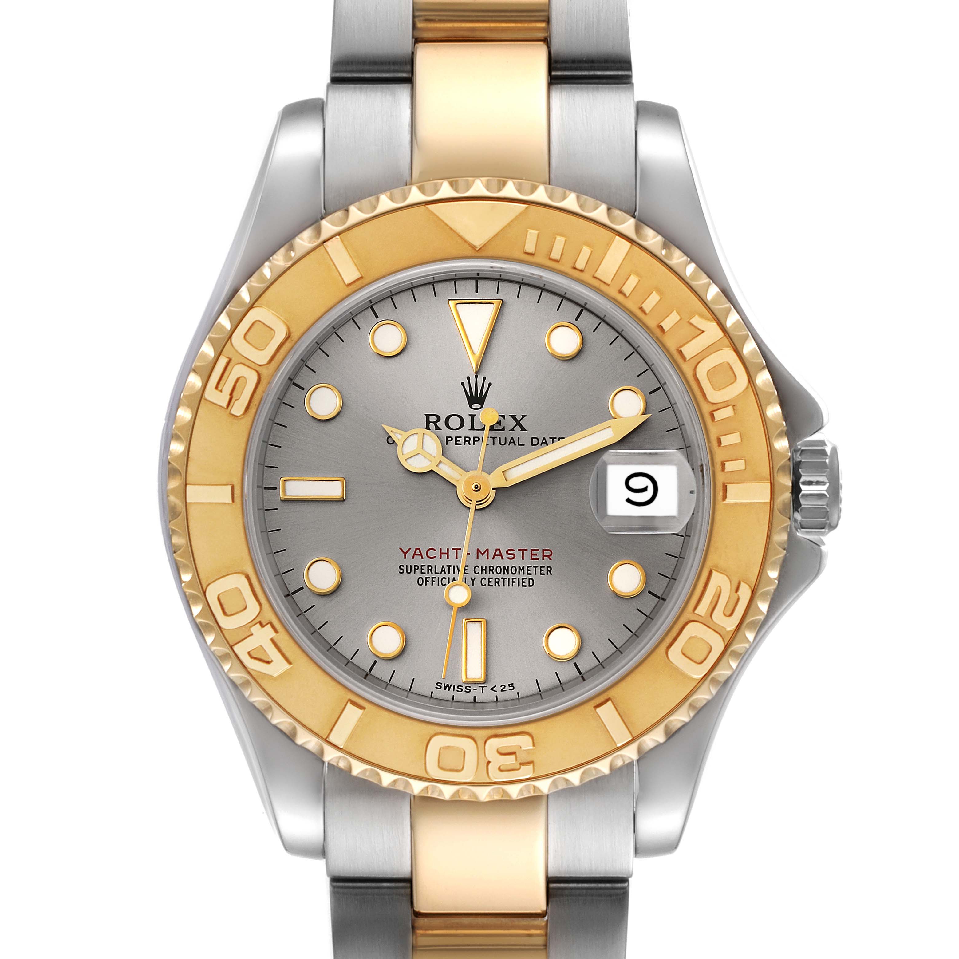 This image shows a frontal view of a Rolex Yacht-Master 68623 Men
s Steel and Gold (two tone) Grey Dial 68623 Men
s Steel and Gold (two tone) Grey Dial watch, highlighting the dial, bezel, and part of the bracelet.