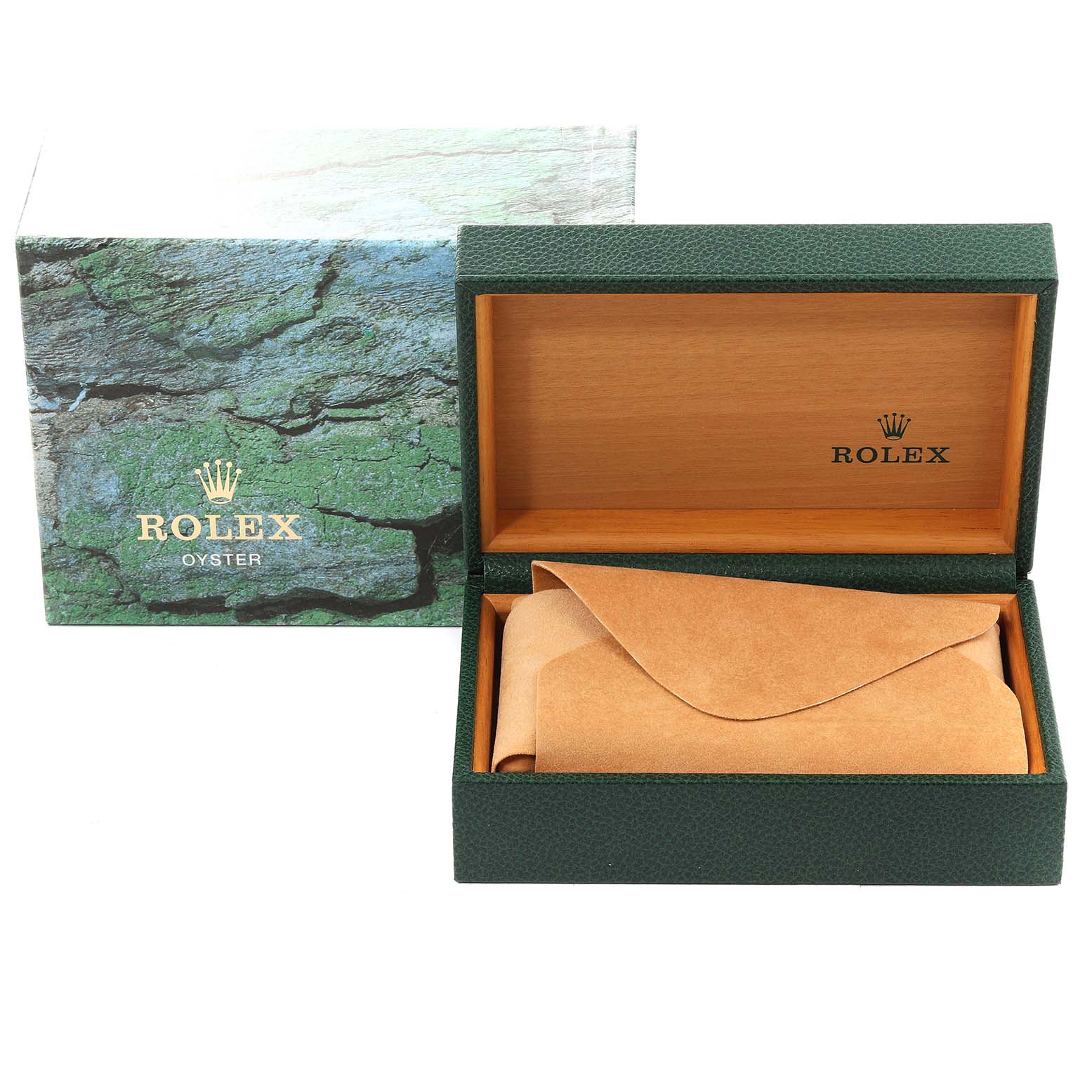 This image shows the packaging for a Rolex Yacht-Master 68623 Men
s Steel and Gold (two tone) Grey Dial 68623 Men
s Steel and Gold (two tone) Grey Dial watch, including an open green and wooden box with a brown protective cover inside.