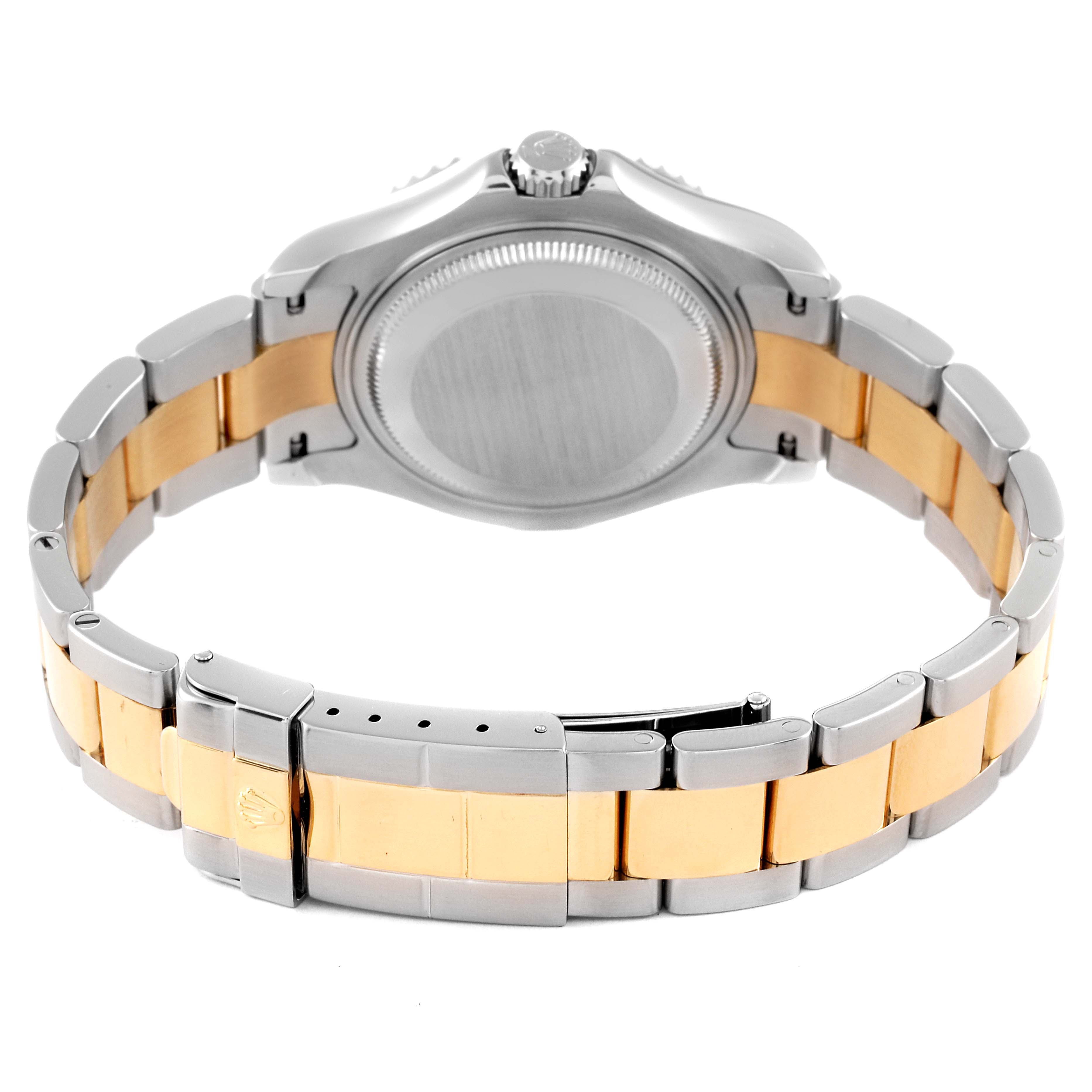 This image shows the back view of a Rolex Yacht-Master 68623 Men
s Steel and Gold (two tone) Grey Dial 68623 Men
s Steel and Gold (two tone) Grey Dial watch, highlighting the case back and the bracelet with its clasp.