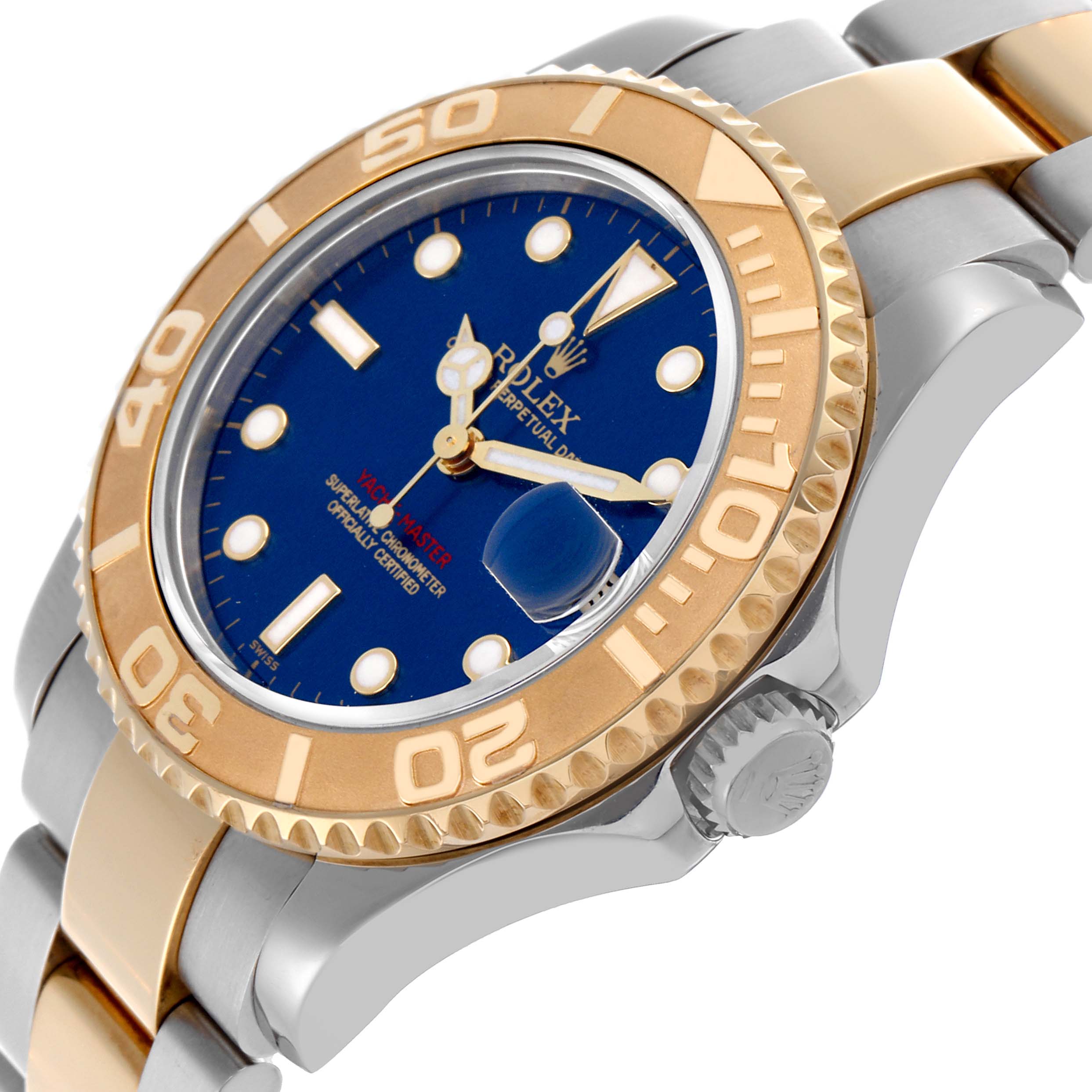 The Rolex Yacht-Master 68623 Men's Steel and Gold (two tone) Blue Dial 68623 Men's Steel and Gold (two tone) Blue Dial watch is shown at an angle displaying the bezel, crown, and parts of the bracelet.