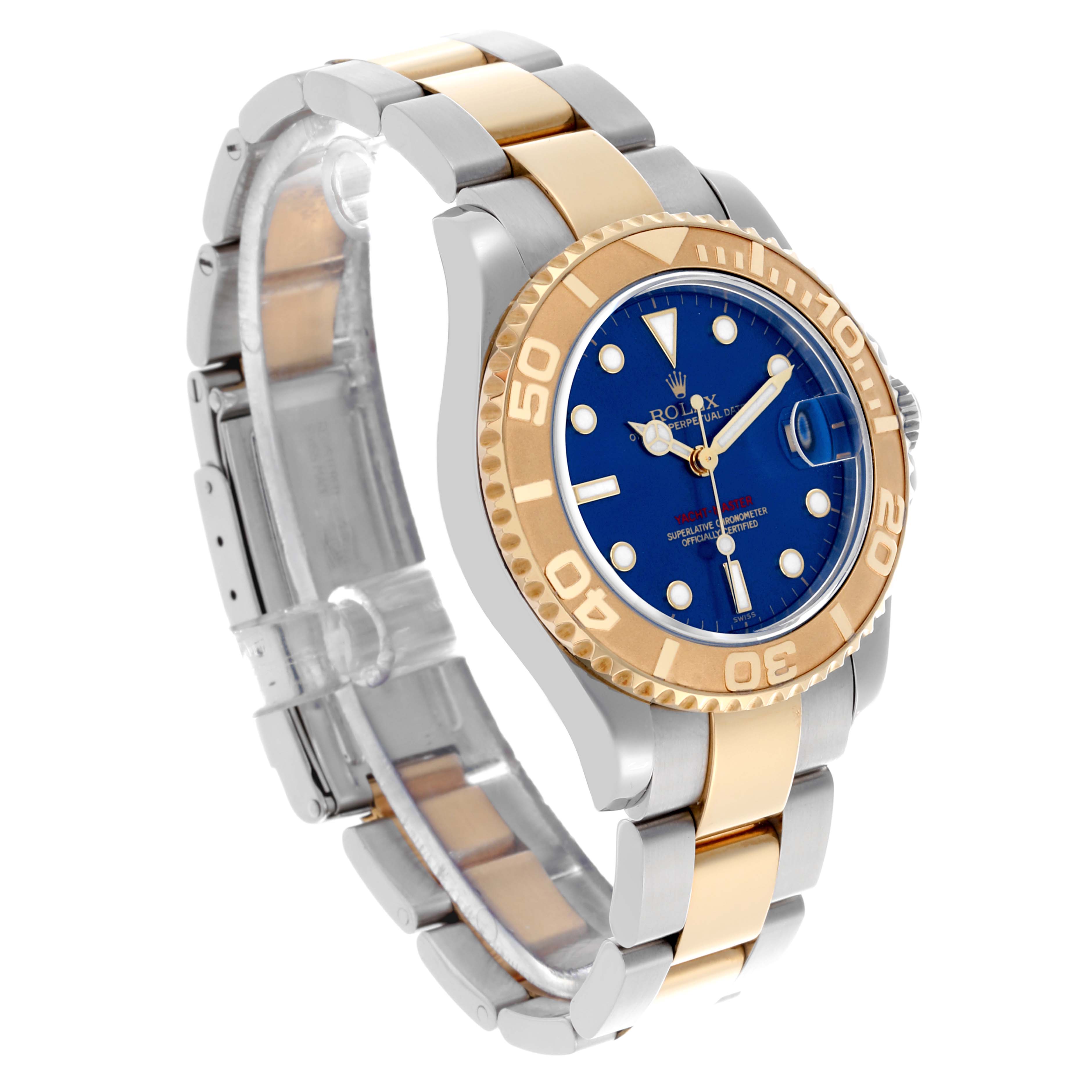 The Rolex Yacht-Master 68623 Men's Steel and Gold (two tone) Blue Dial 68623 Men's Steel and Gold (two tone) Blue Dial watch is shown at a three-quarter angle, displaying the bezel, dial, and bracelet.
