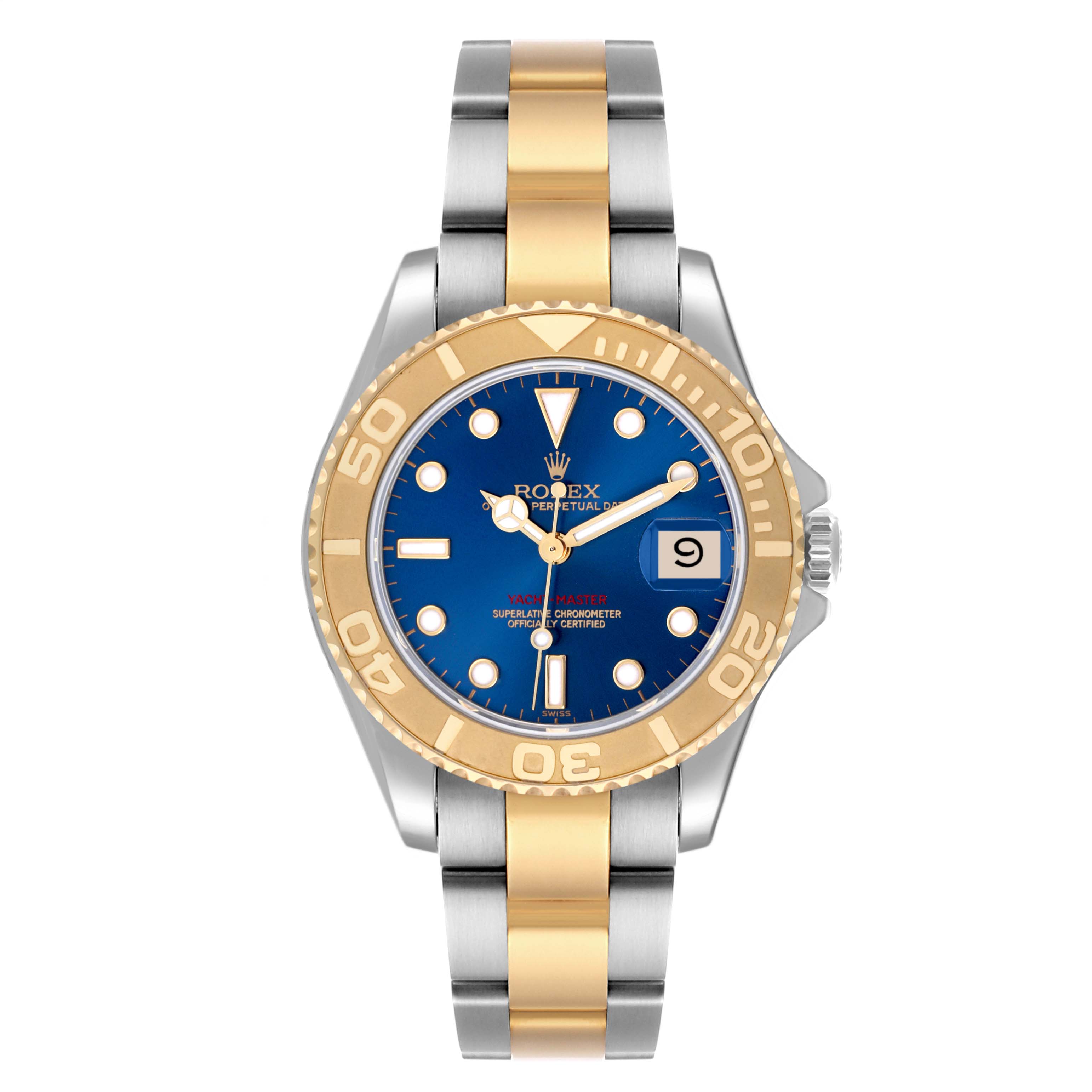 The Rolex Yacht-Master 68623 Men's Steel and Gold (two tone) Blue Dial 68623 Men's Steel and Gold (two tone) Blue Dial watch is shown from a top-down angle, displaying its blue dial, gold bezel, and two-tone bracelet.