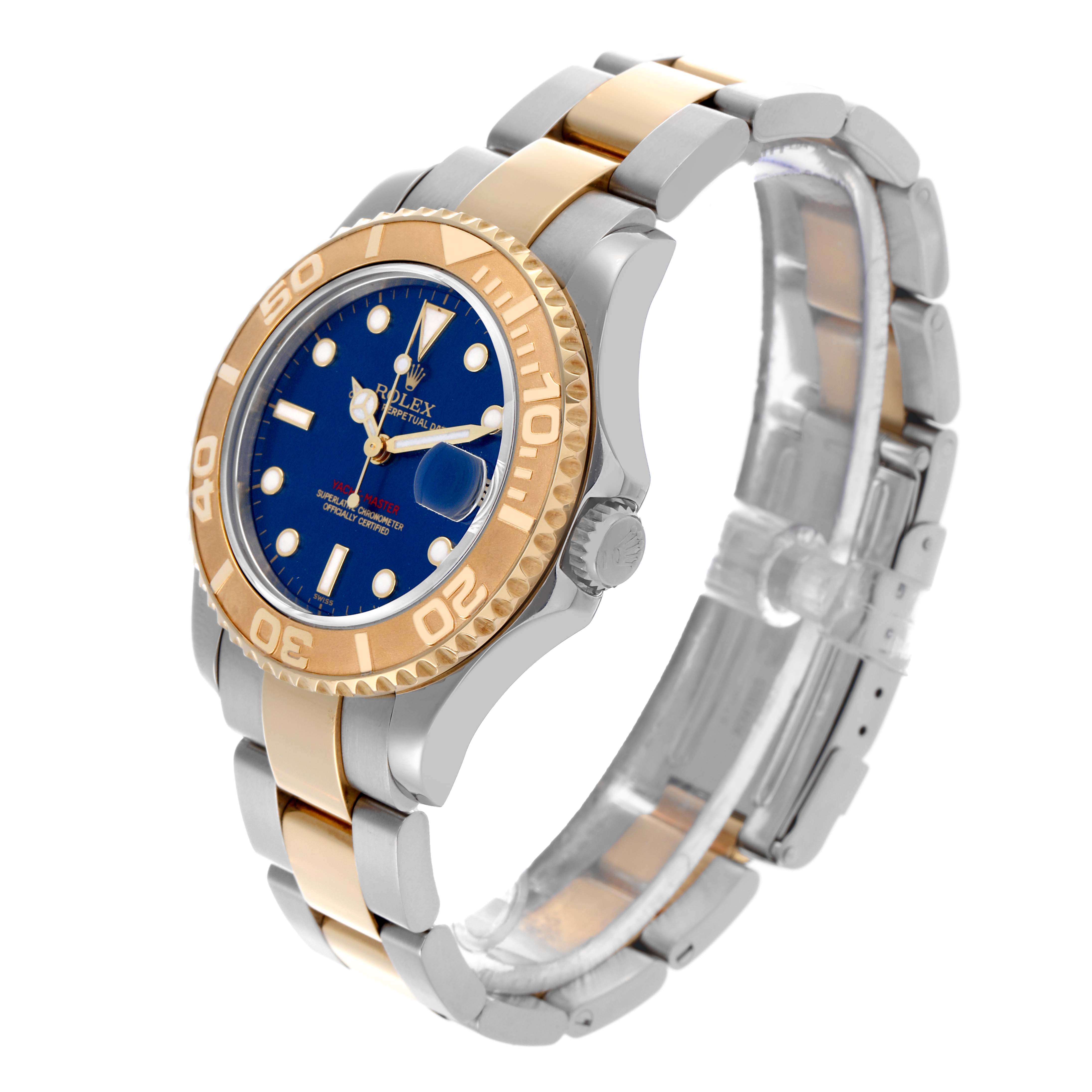 The Rolex Yacht-Master 68623 Men's Steel and Gold (two tone) Blue Dial 68623 Men's Steel and Gold (two tone) Blue Dial is shown at an angle displaying the dial, bezel, crown, and bracelet.