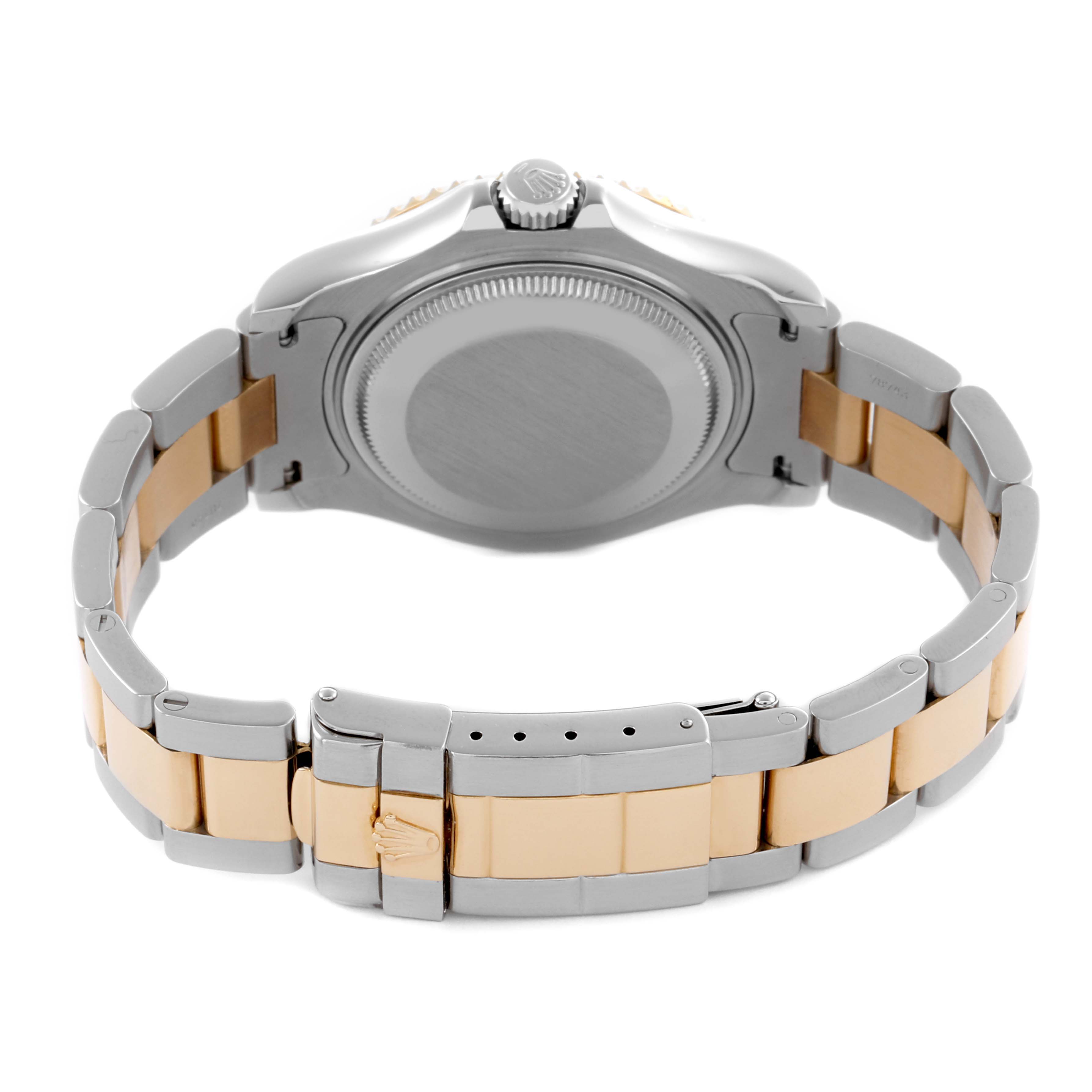 The Rolex Yacht-Master 68623 Men's Steel and Gold (two tone) Blue Dial 68623 Men's Steel and Gold (two tone) Blue Dial watch is shown from the rear, displaying the case back, bracelet, and clasp.