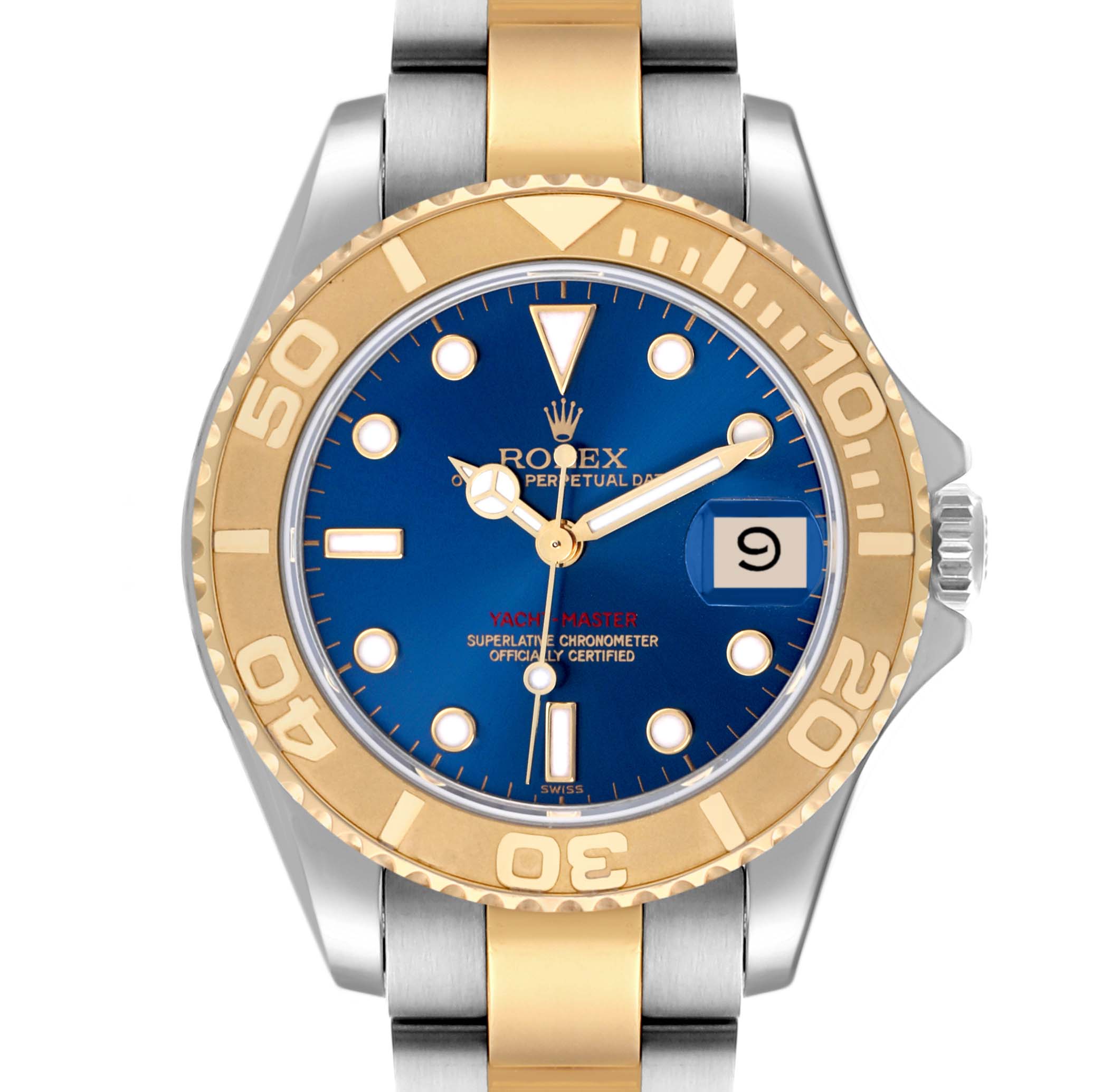 The Rolex Yacht-Master 68623 Men's Steel and Gold (two tone) Blue Dial 68623 Men's Steel and Gold (two tone) Blue Dial is shown from a front angle, highlighting its blue dial, gold bezel, and two-tone bracelet.