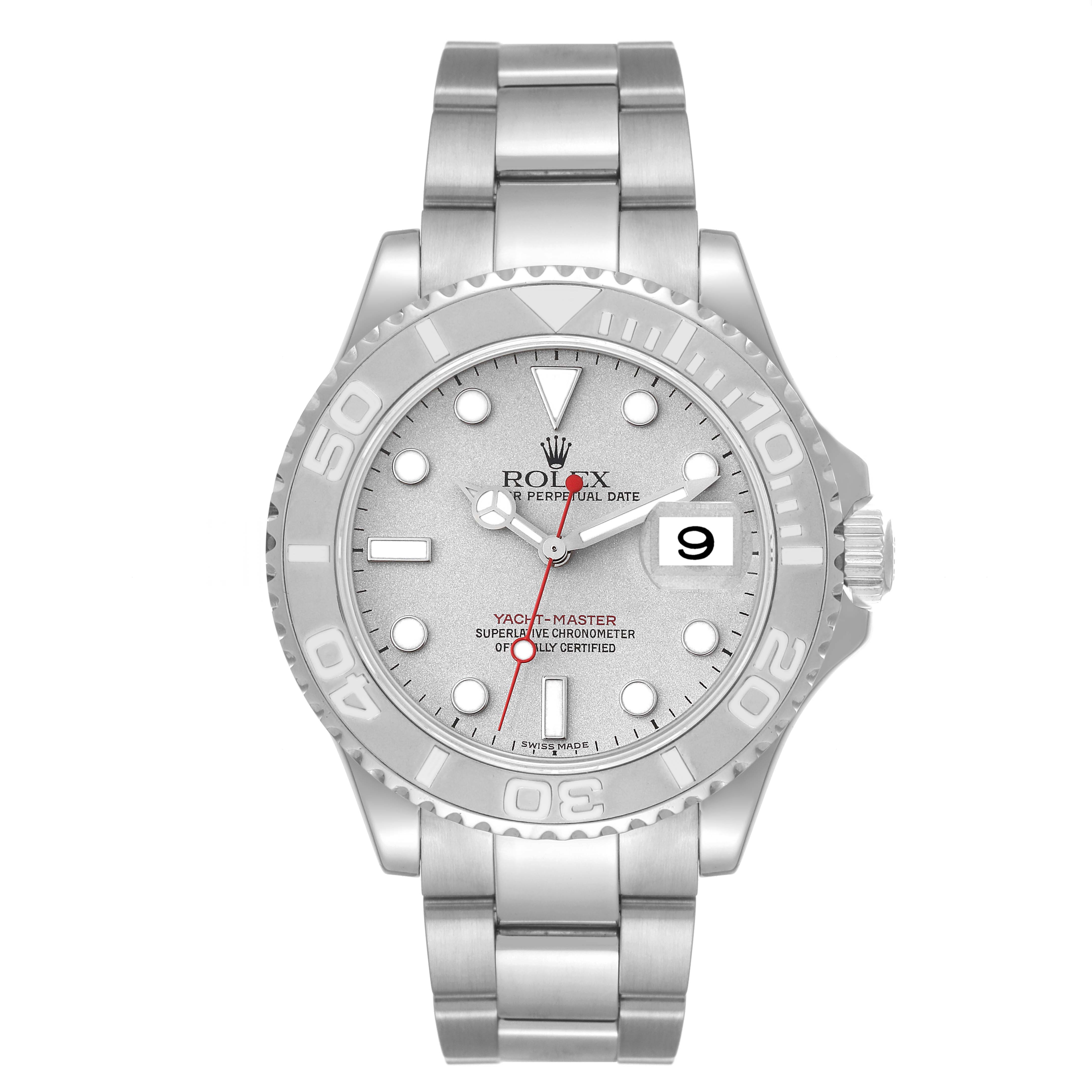 This image shows the front view of a Rolex Yacht-Master 16622 Men's Stainless Steel Silver Dial 16622 Men's Stainless Steel Silver Dial watch, showcasing its dial, bezel, and bracelet.