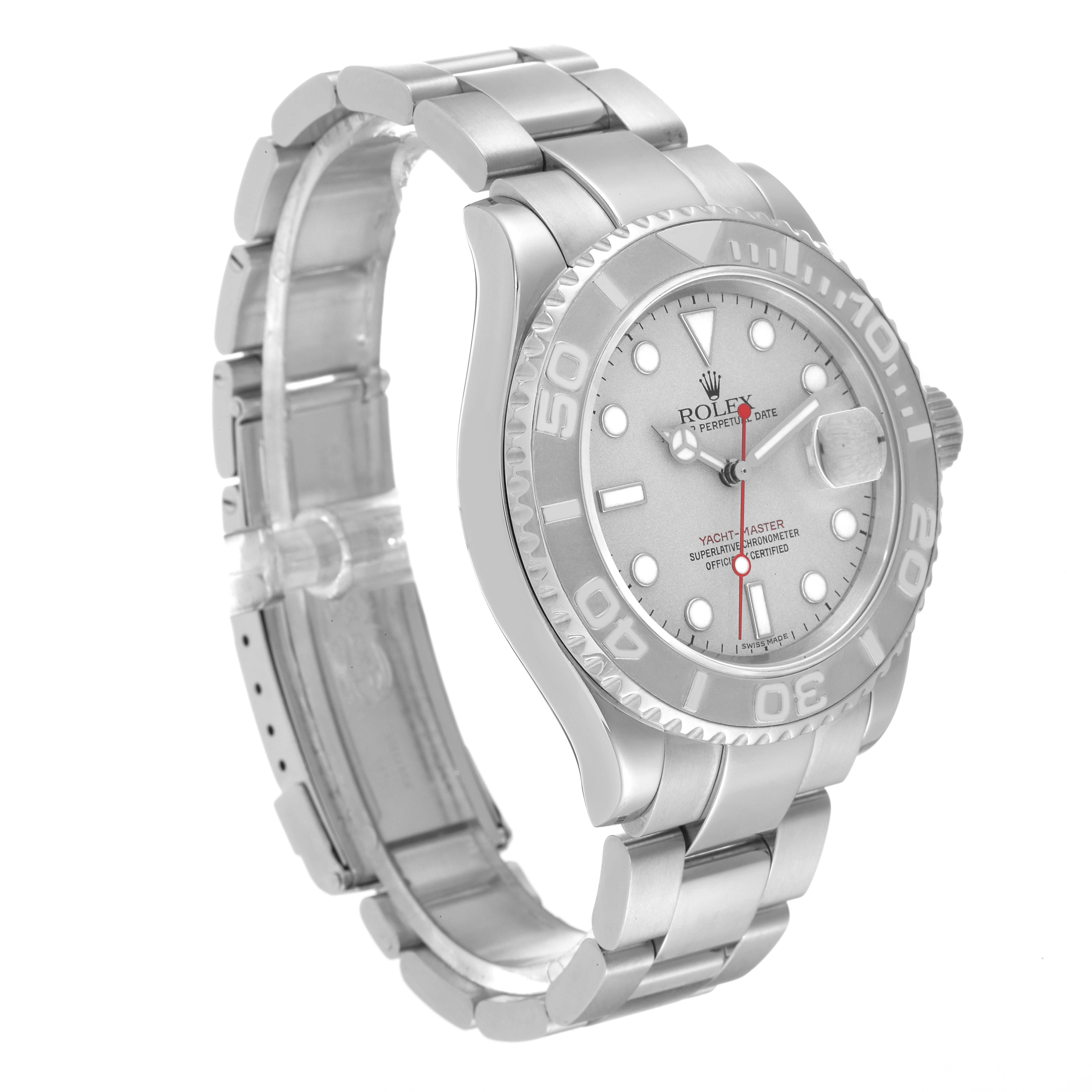 The Rolex Yacht-Master 16622 Men's Stainless Steel Silver Dial 16622 Men's Stainless Steel Silver Dial watch is shown in a three-quarter view, displaying its case, dial, bezel, bracelet, and crown.