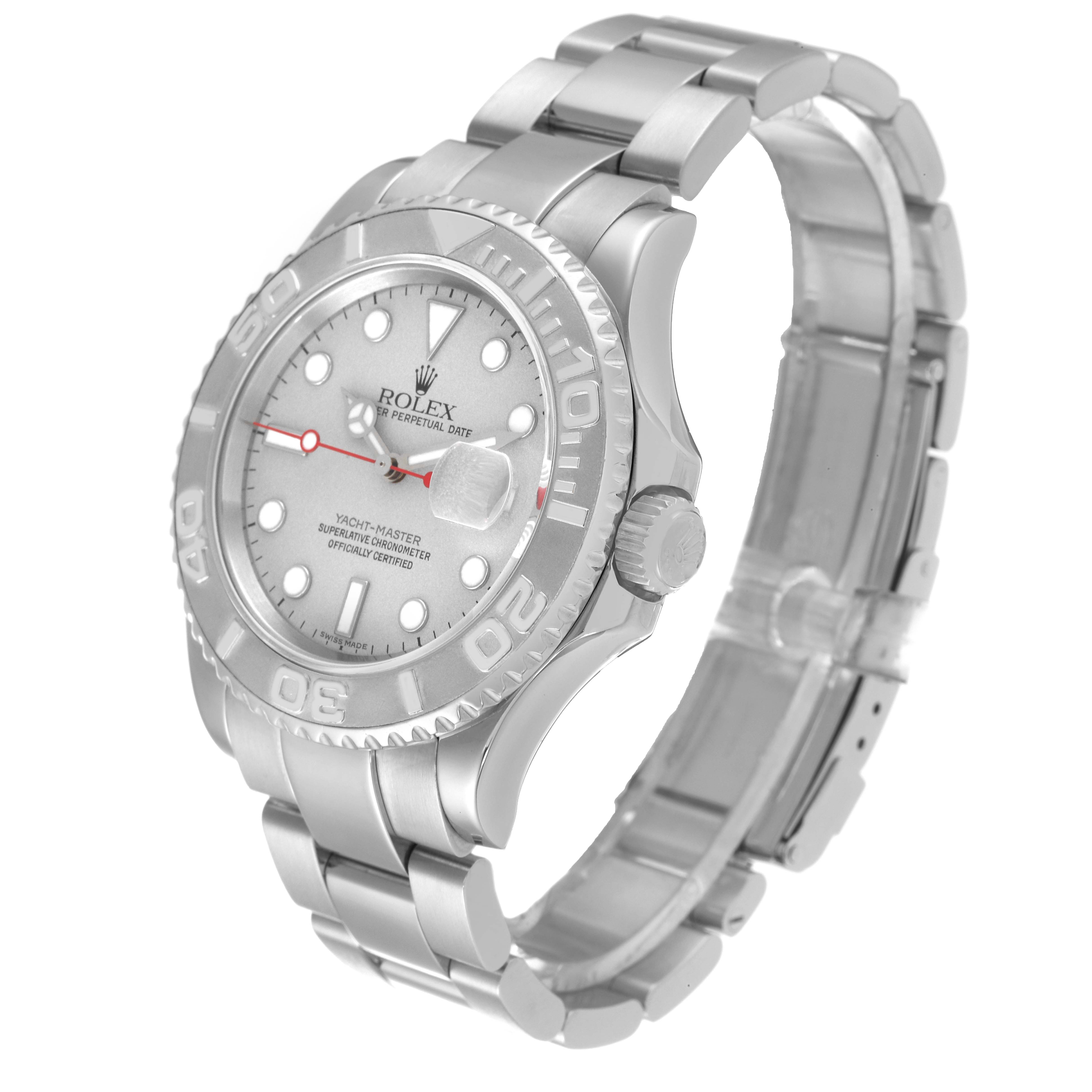 The image shows a side and front angle of the Rolex Yacht-Master 16622 Men's Stainless Steel Silver Dial 16622 Men's Stainless Steel Silver Dial watch, highlighting its bezel, dial, crown, and bracelet.