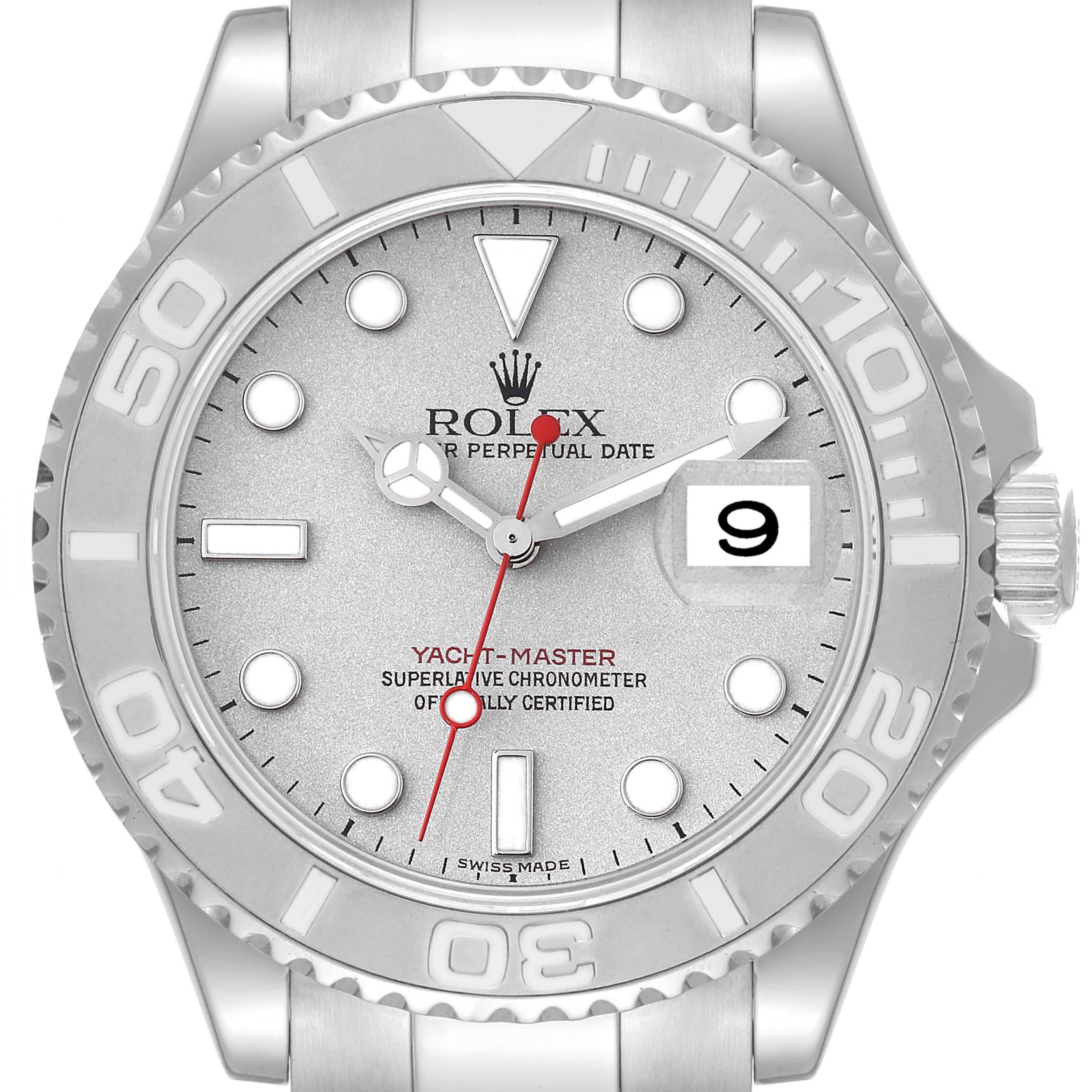 The image shows a front view of a Rolex Yacht-Master 16622 Men's Stainless Steel Silver Dial 16622 Men's Stainless Steel Silver Dial watch, highlighting its dial, bezel, and part of the bracelet.