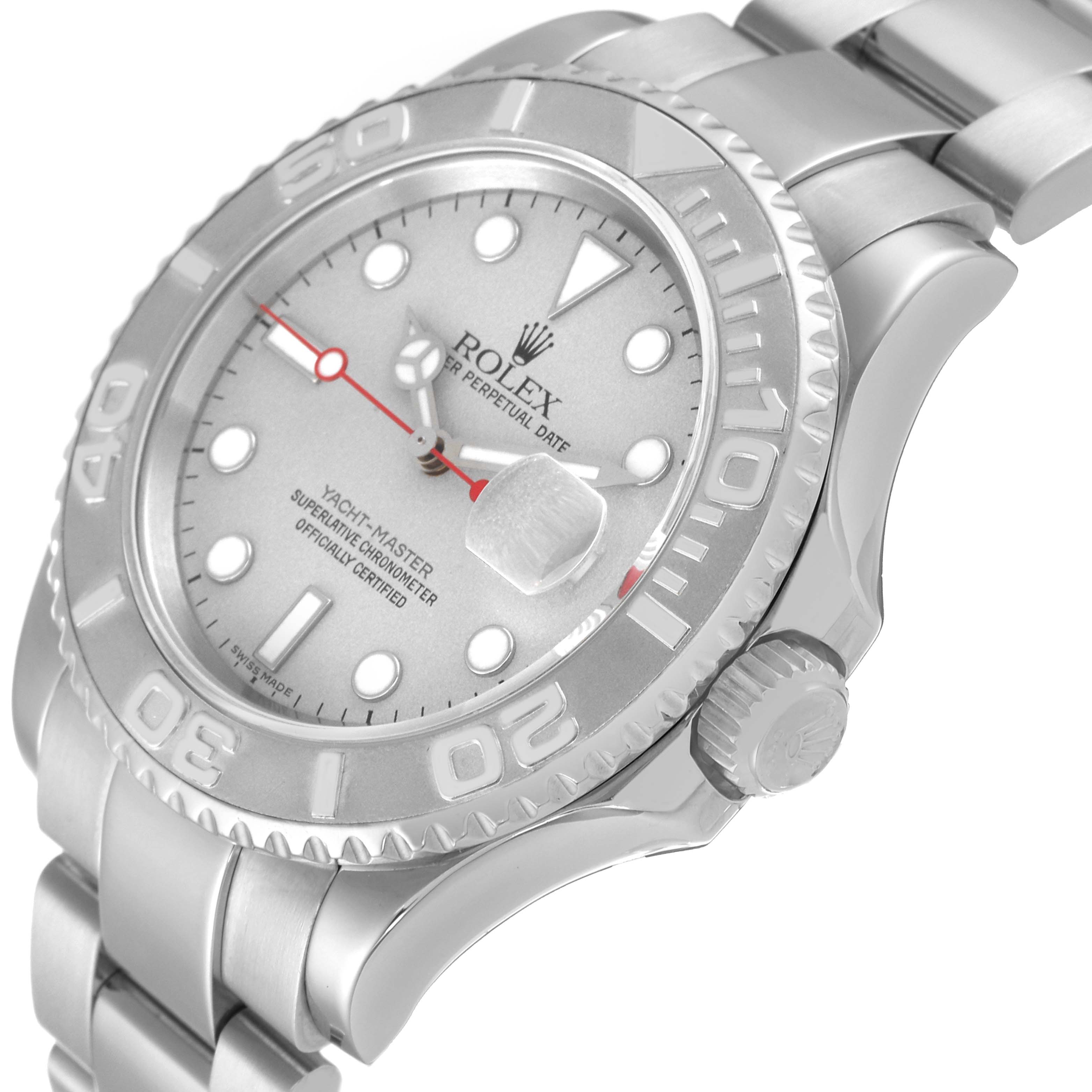 The image shows a close-up angle of a Rolex Yacht-Master 16622 Men's Stainless Steel Silver Dial 16622 Men's Stainless Steel Silver Dial watch, highlighting the dial, bezel, crown, and part of the bracelet.