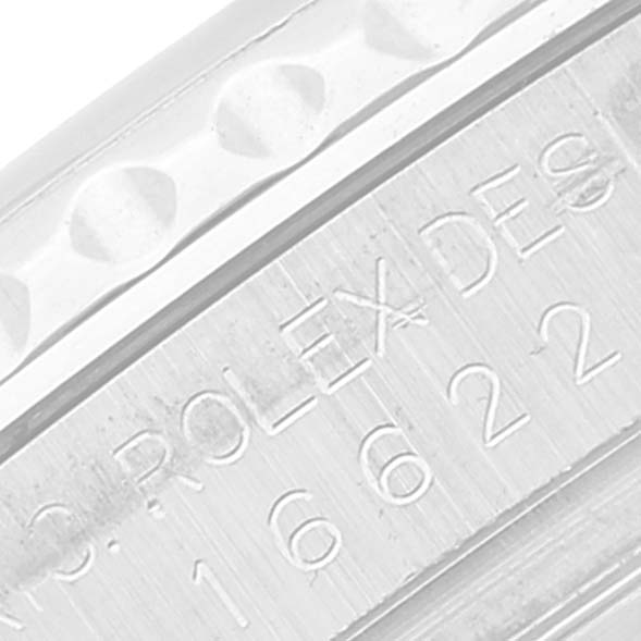 This close-up image shows the engraved model number "16622" and partial "ROLEX" branding on a Yacht-Master watch by Rolex.