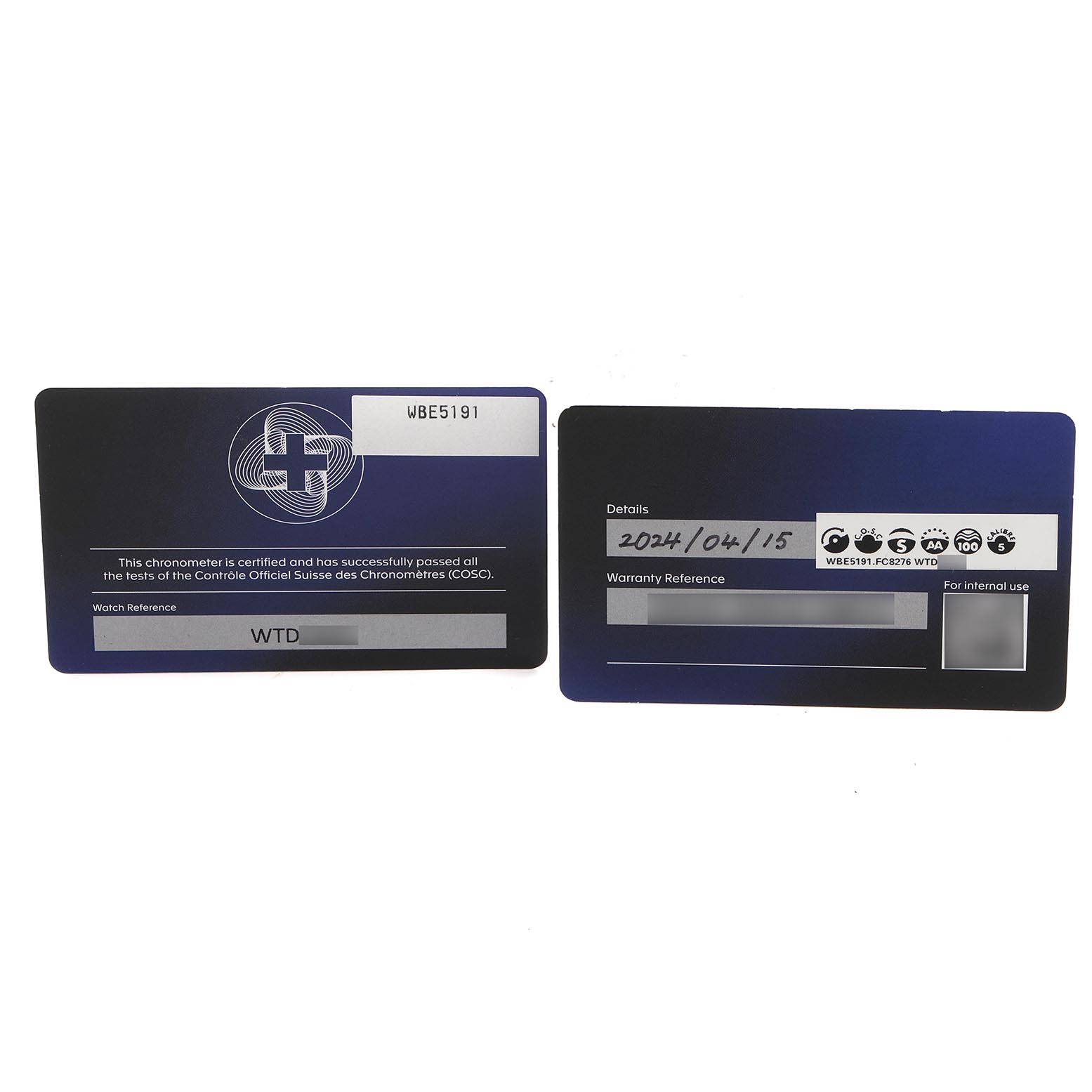 The image shows warranty and certification cards for the Tag Heuer Autavia WBE5191.FC8276 Men's Bronze Brown Dial WBE5191.FC8276 Men's Bronze Brown Dial model, featuring model details and COSC certification.