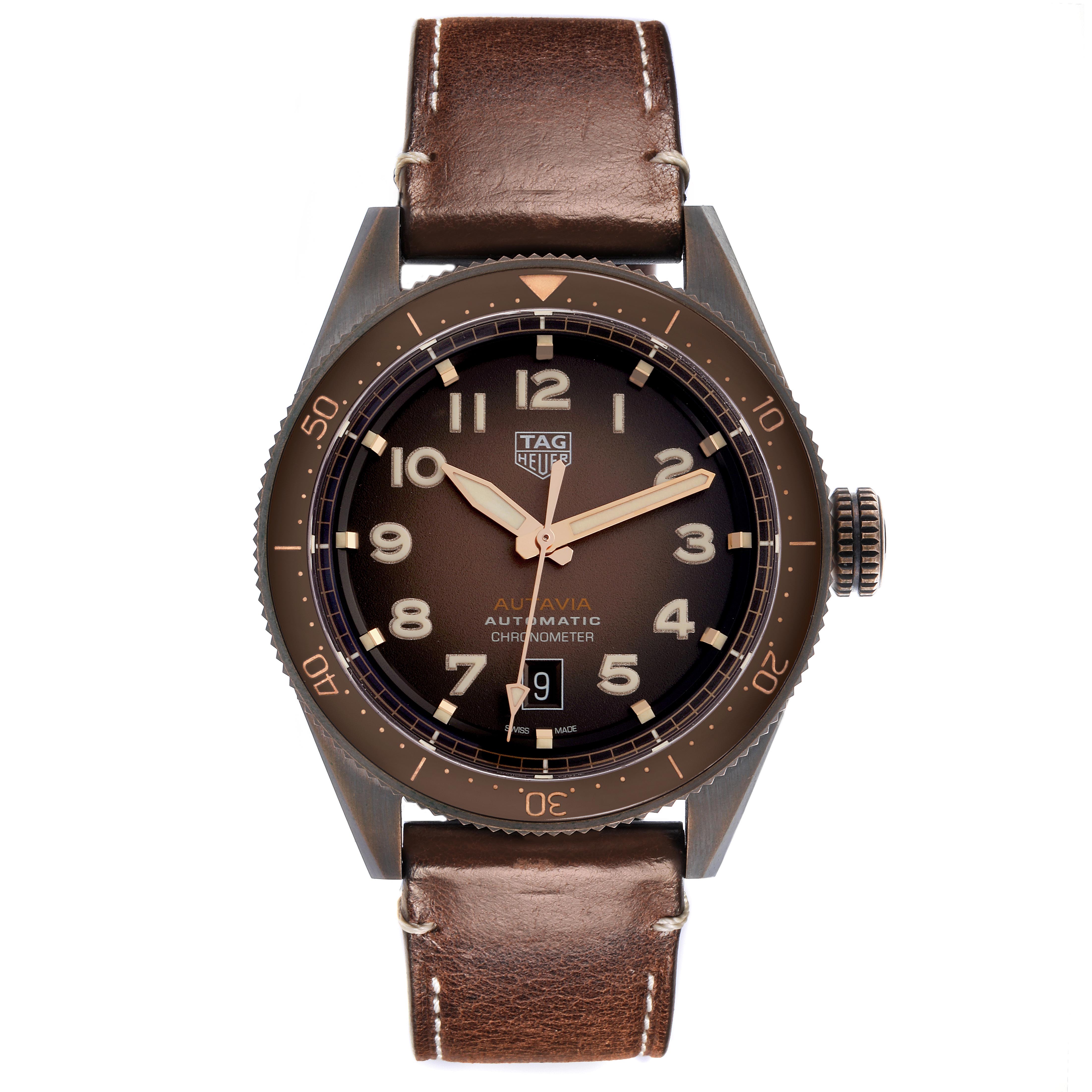 The image shows a Tag Heuer Autavia WBE5191.FC8276 Men's Bronze Brown Dial WBE5191.FC8276 Men's Bronze Brown Dial watch from a top-down angle, displaying the dial, bezel, crown, and leather strap.