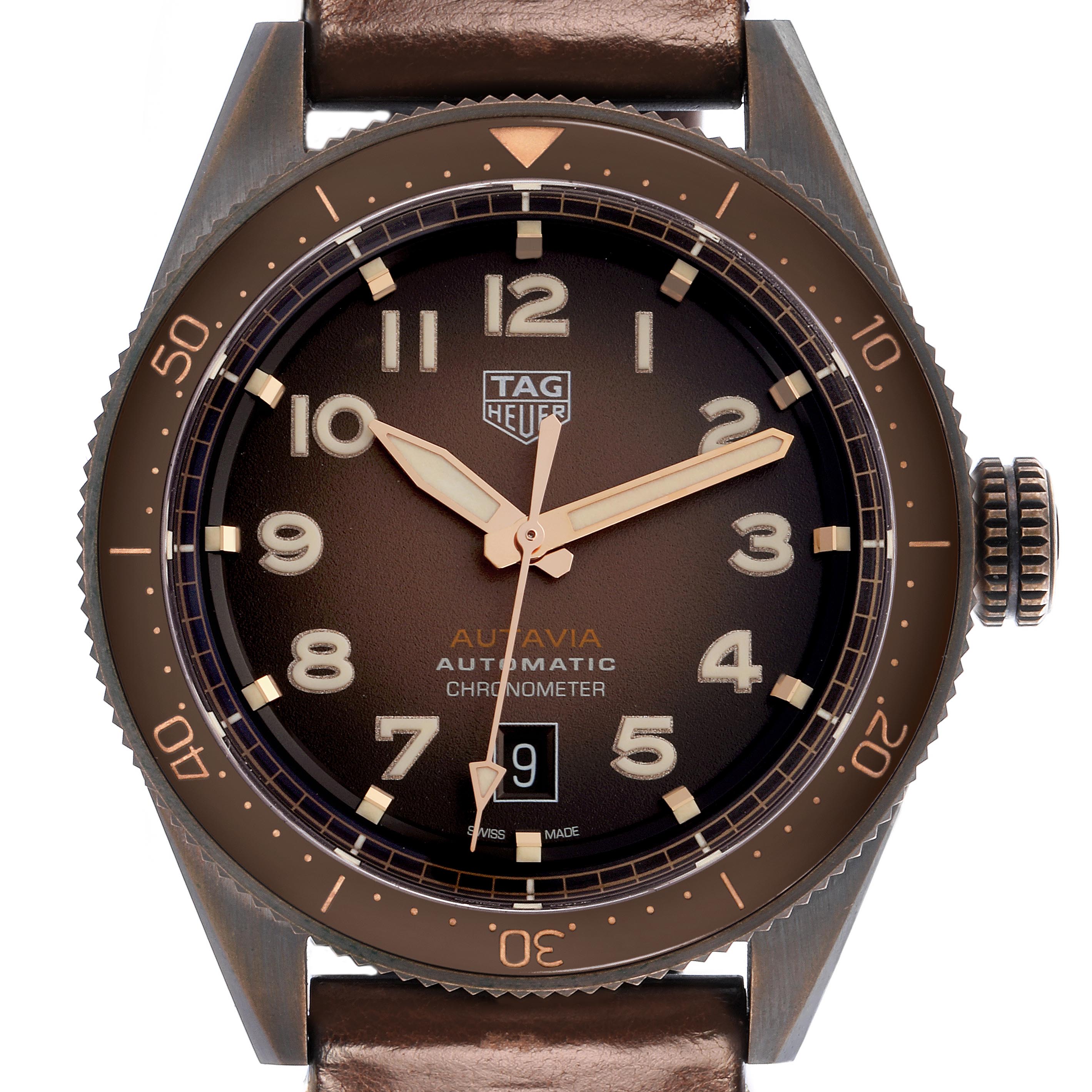 The image shows a front view of the Tag Heuer Autavia WBE5191.FC8276 Men's Bronze Brown Dial WBE5191.FC8276 Men's Bronze Brown Dial watch, displaying the dial, bezel, crown, and leather strap.