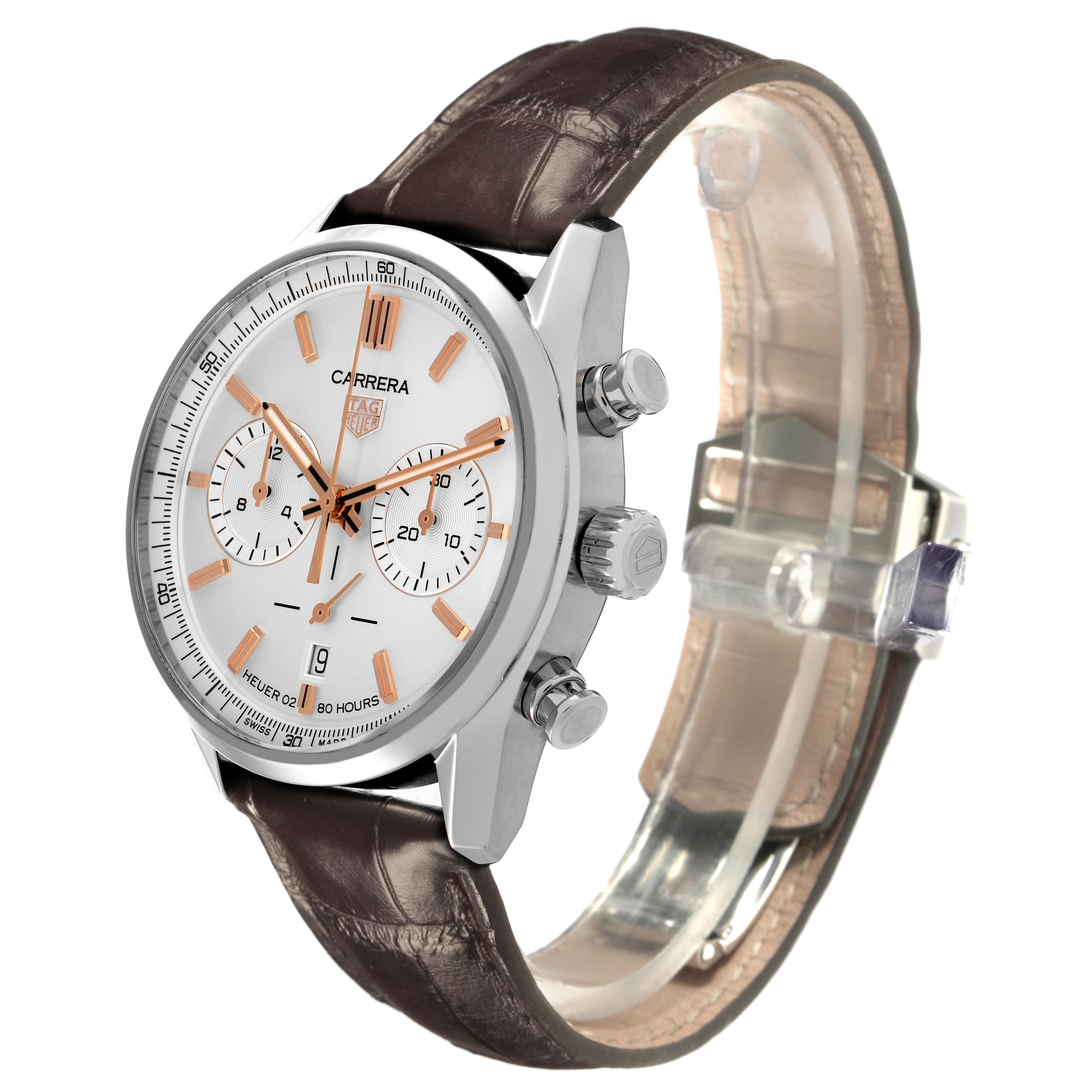 The Tag Heuer Carrera CBN2013-0 Men's Stainless Steel Silver Dial CBN2013-0 Men's Stainless Steel Silver Dial watch is shown at a three-quarter angle, displaying the face, side profile with pushers, and the leather strap.