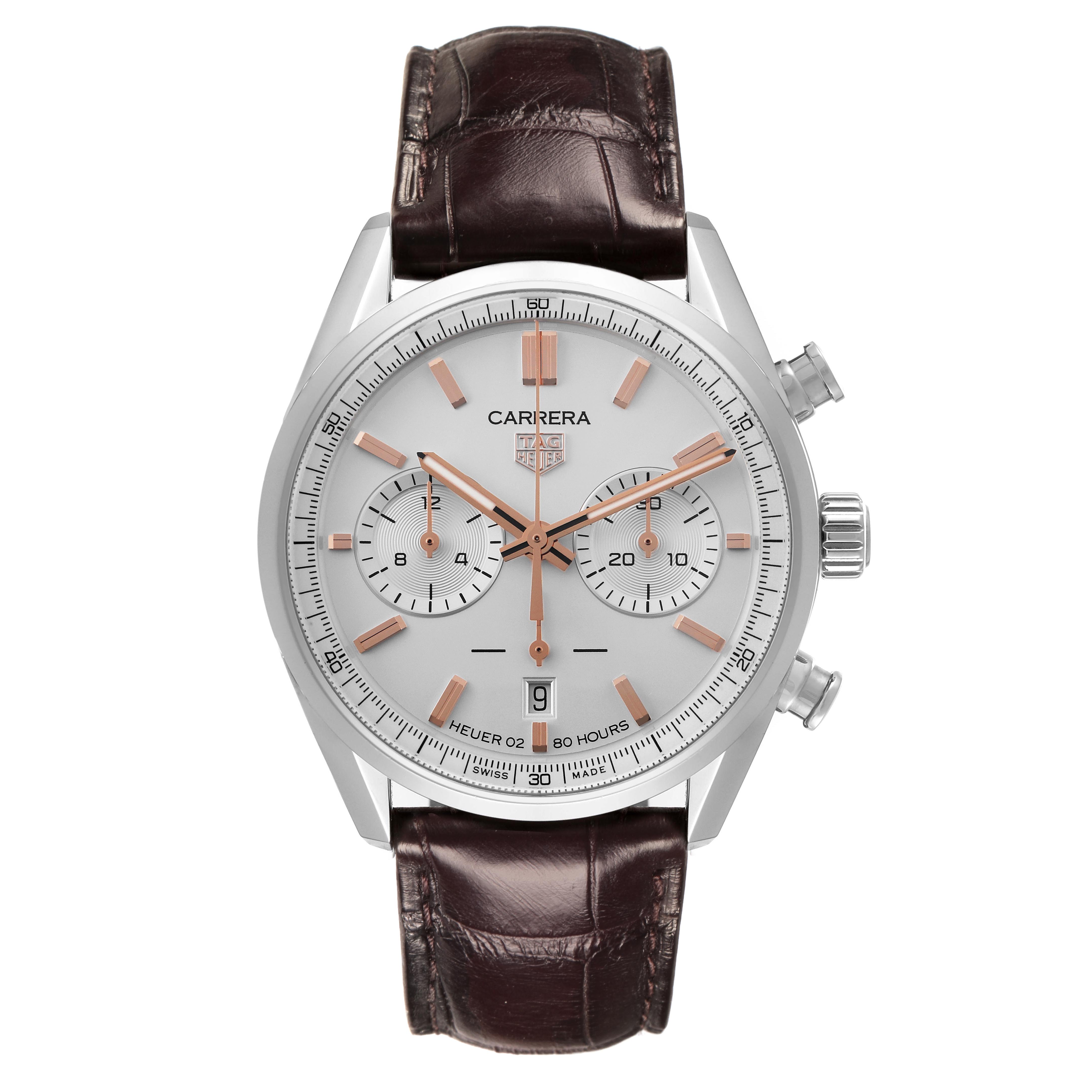 The Tag Heuer Carrera CBN2013-0 Men's Stainless Steel Silver Dial CBN2013-0 Men's Stainless Steel Silver Dial watch is shown from the front, displaying the dial, case, strap, and side buttons.