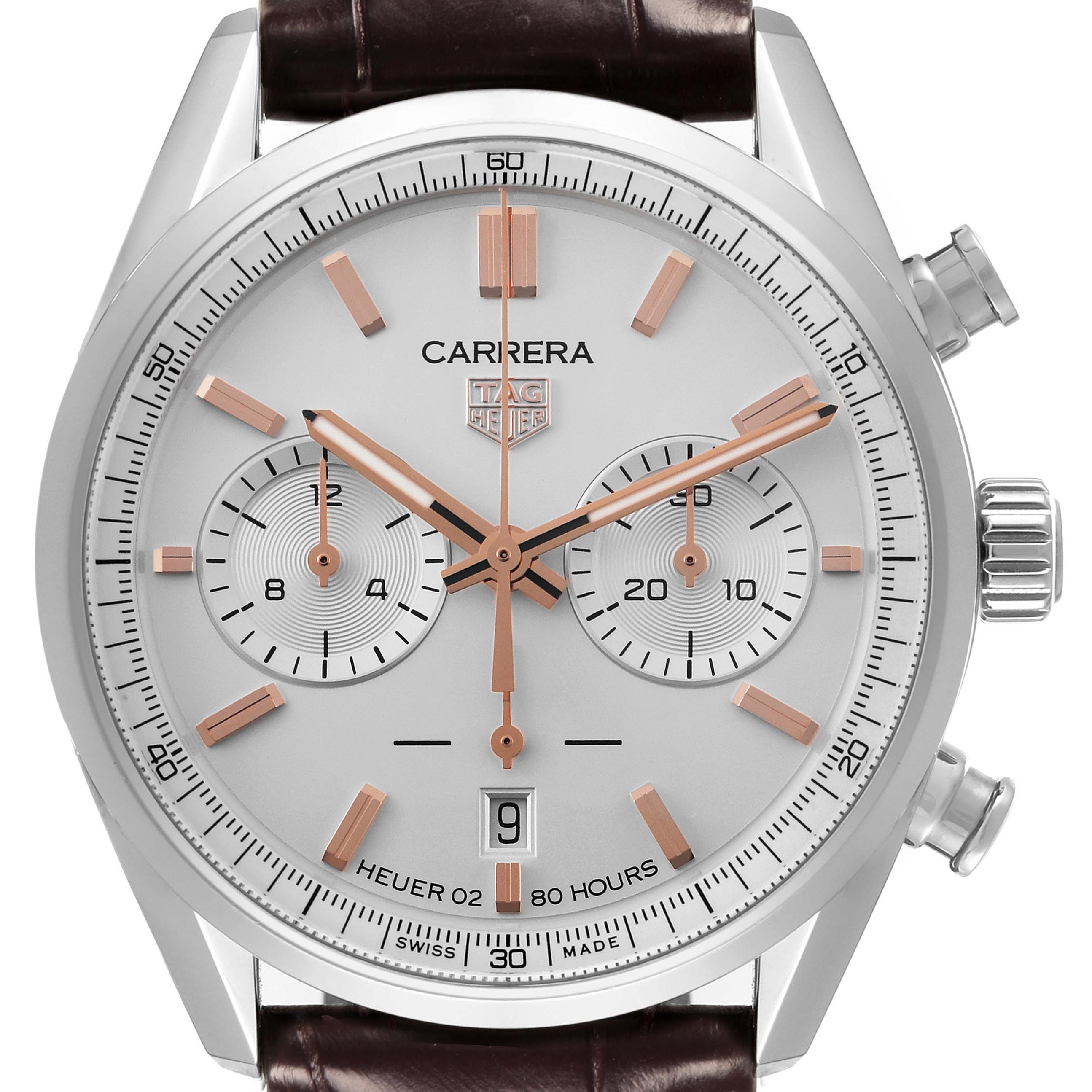 The Tag Heuer Carrera CBN2013-0 Men's Stainless Steel Silver Dial CBN2013-0 Men's Stainless Steel Silver Dial watch is shown from a frontal angle, displaying the dial, subdials, hands, crown, and pushers.