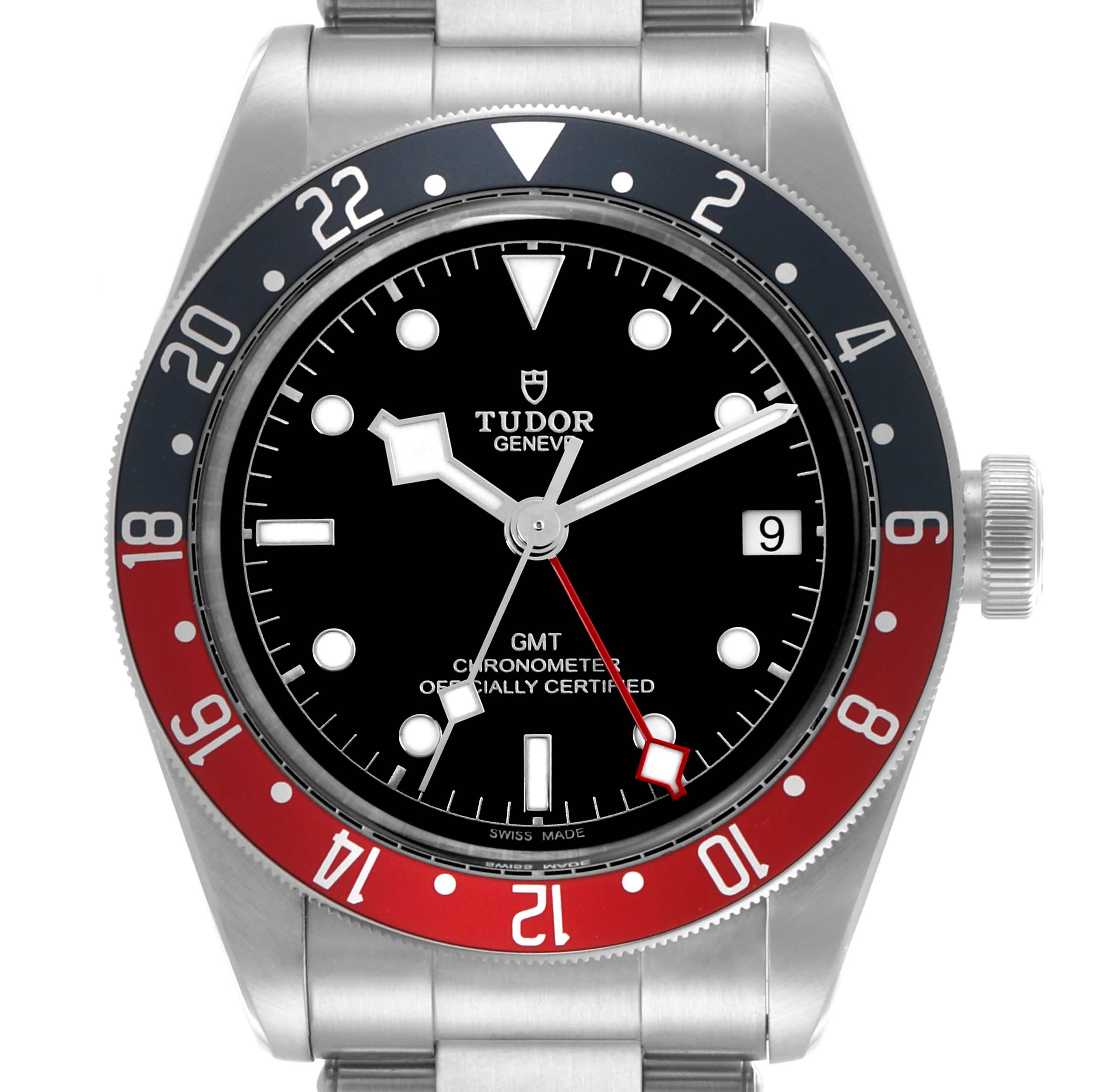 The Tudor Heritage Black Bay 79830RB Men's Stainless Steel Black Dial 79830RB Men's Stainless Steel Black Dial watch is shown from the front, highlighting its dial, bezel, crown, and portion of the bracelet.