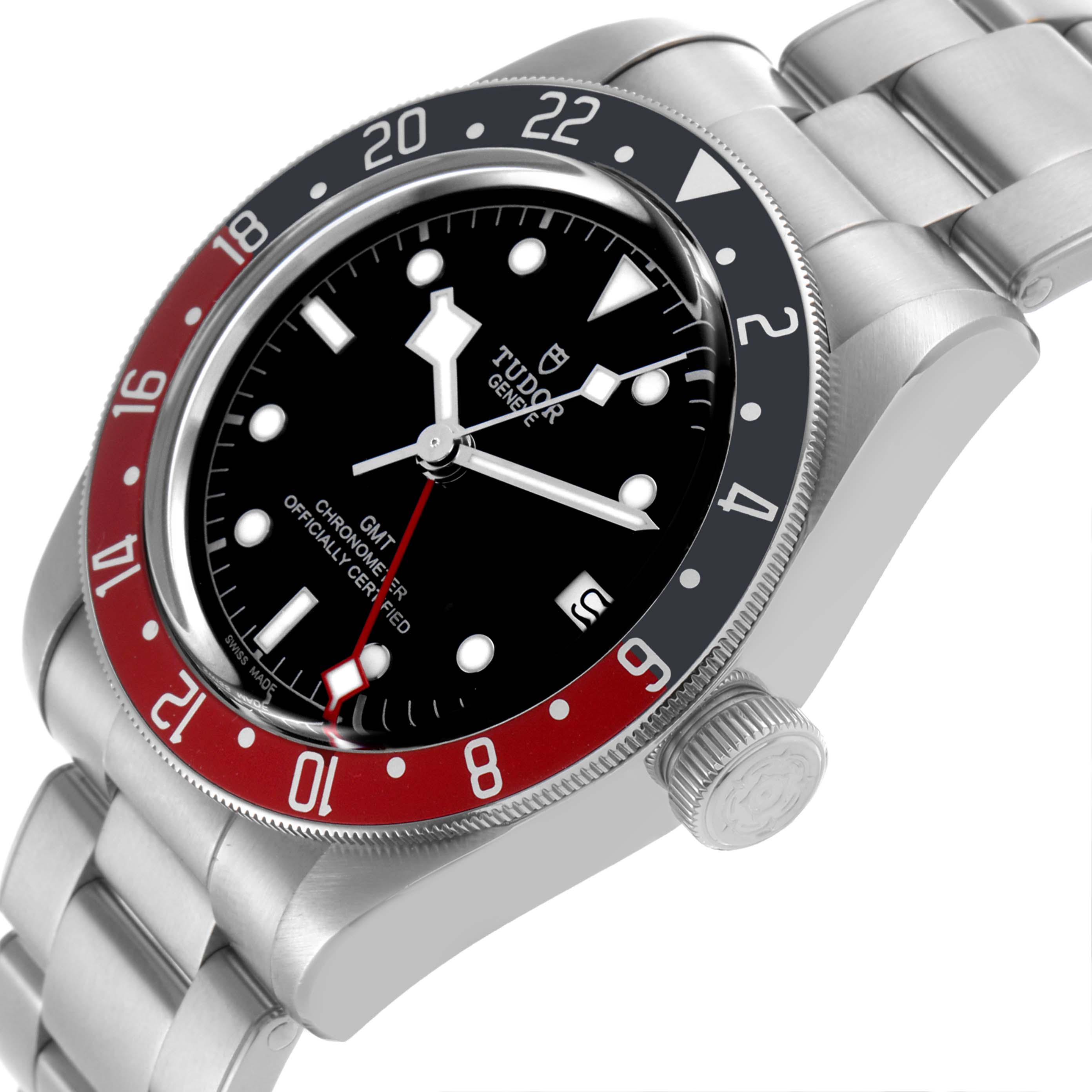 The Tudor Heritage Black Bay 79830RB Men's Stainless Steel Black Dial 79830RB Men's Stainless Steel Black Dial watch is shown at a slight angle, displaying the dial, bezel, bracelet, and crown.