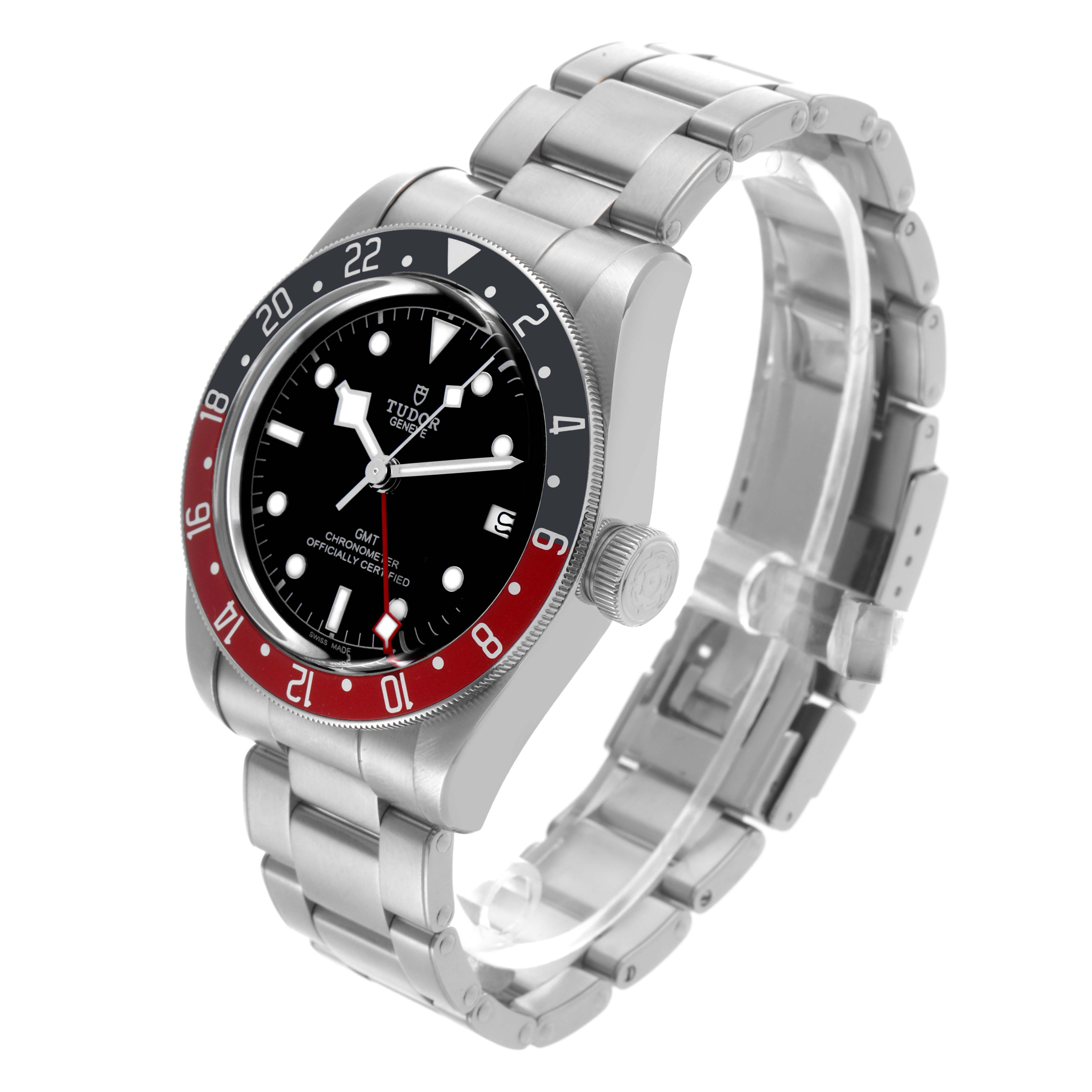 The Tudor Heritage Black Bay 79830RB Men's Stainless Steel Black Dial 79830RB Men's Stainless Steel Black Dial watch is shown at a three-quarter angle, highlighting the bezel, dial, bracelet, and crown.