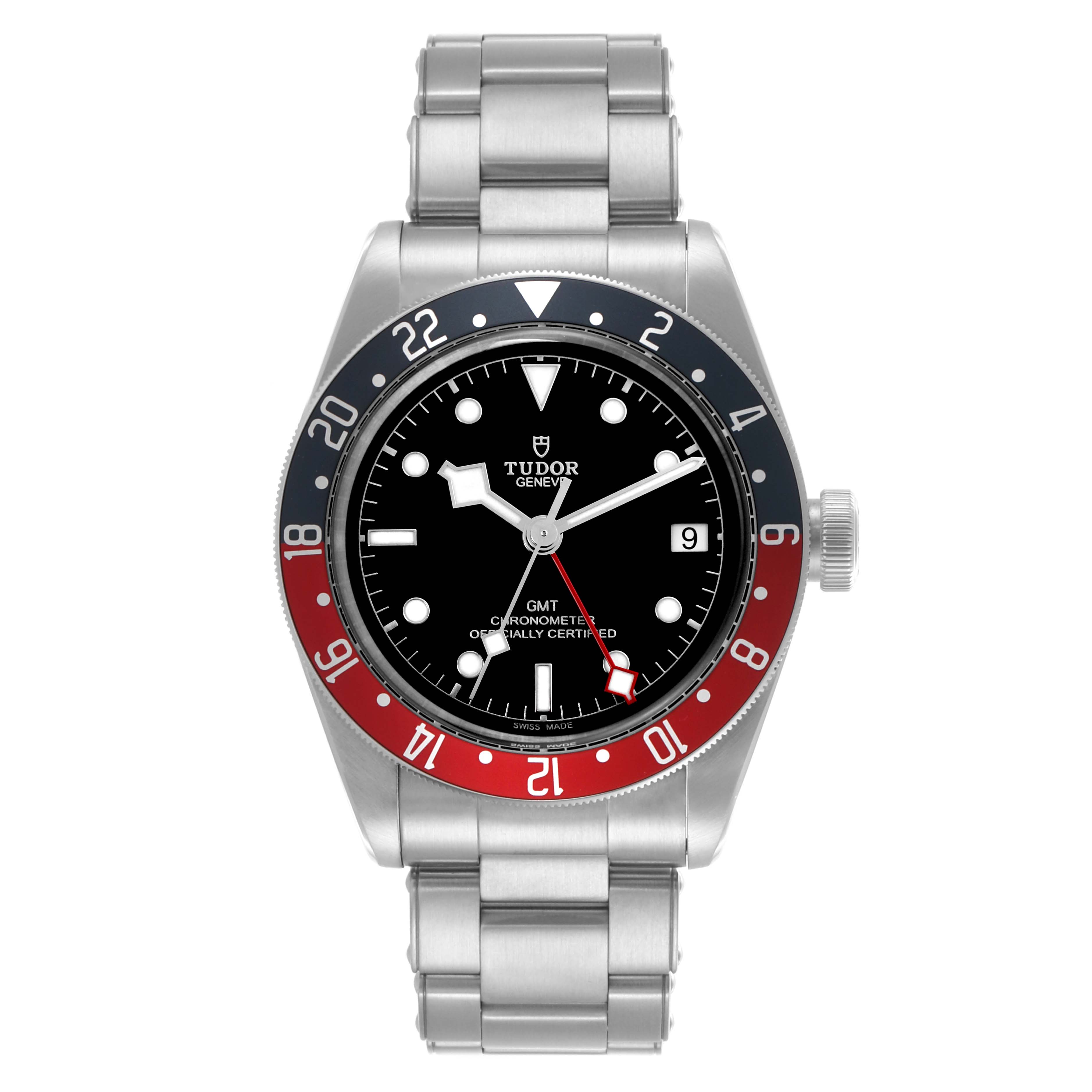 The Tudor Heritage Black Bay 79830RB Men's Stainless Steel Black Dial 79830RB Men's Stainless Steel Black Dial watch is shown from the front, displaying its dial, bezel, and bracelet.